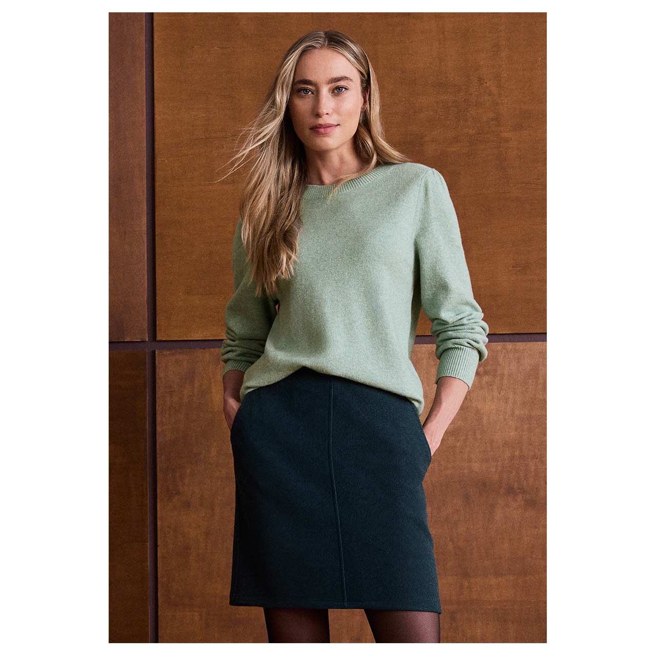 Damen Pullover Cosy Puffy Sleeve Sweater von Street One in Grün meliert, Vorderansicht am Model