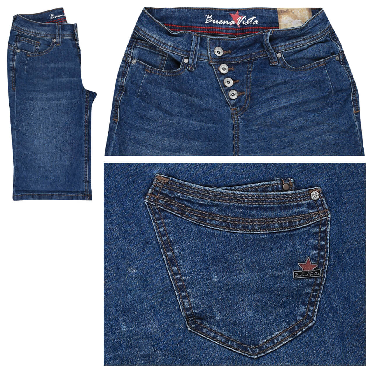 Buena Vista Jeans Malibu-Short Stretch Denim für Damen in Mittelblau angewaschen, FarbNr.: 4543