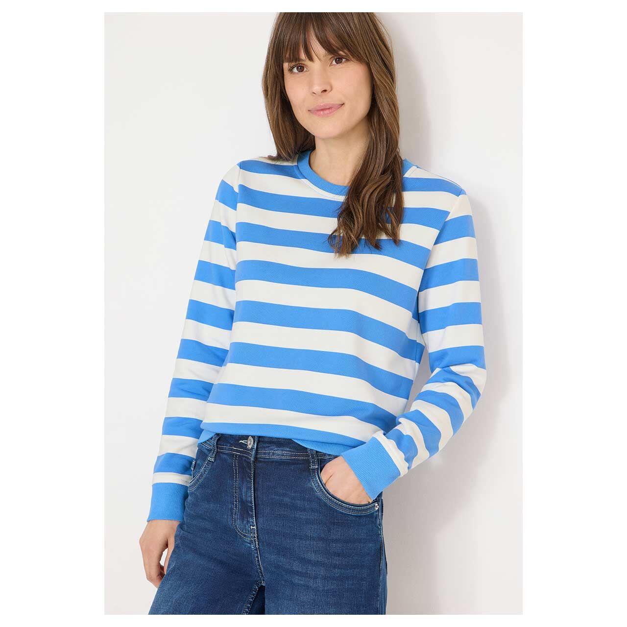 Damen Sweatshirt Striped von Cecil in Blau gestreift, Vorderansicht am Model