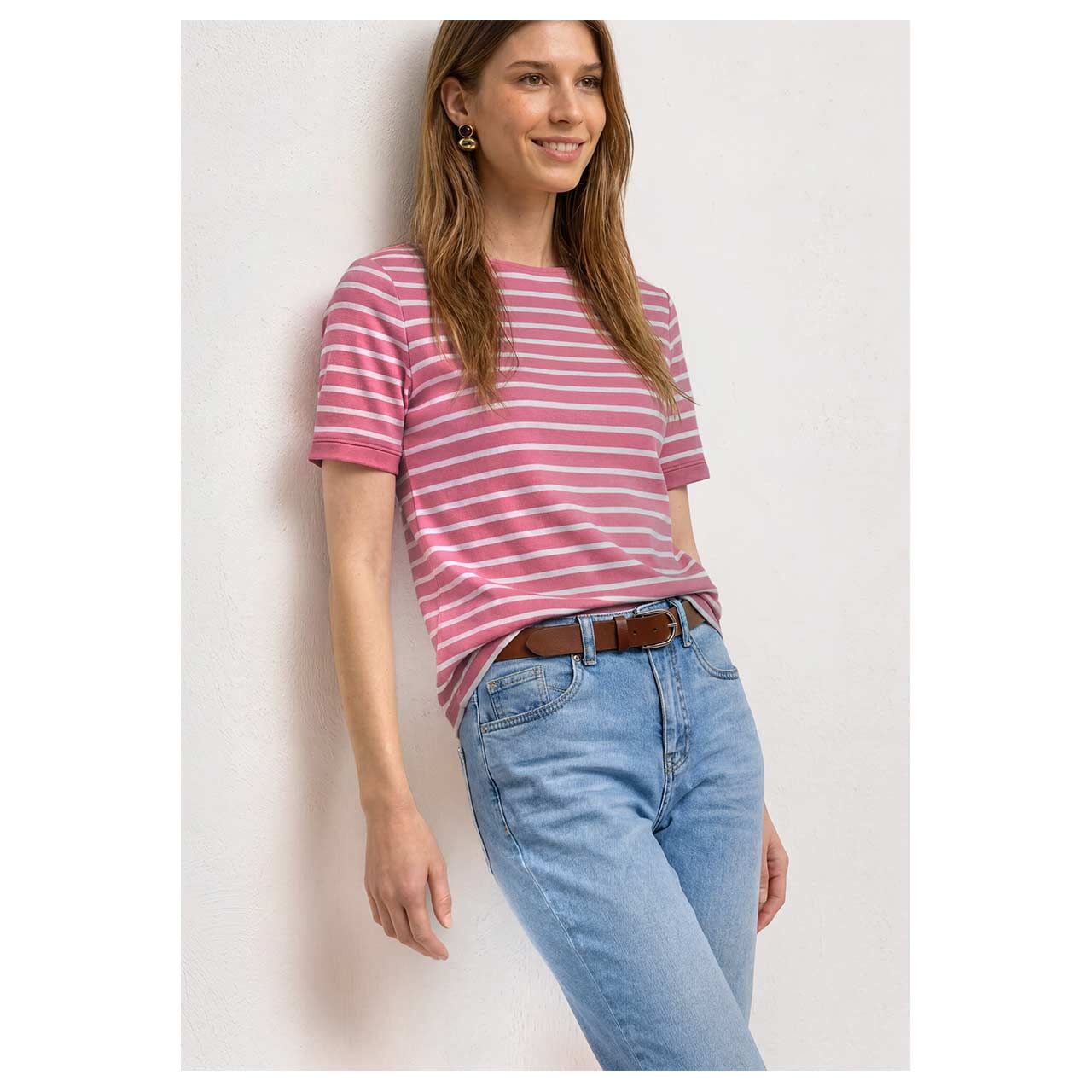 Damen T-Shirt Basic U-Boat von Street One in Pink gestreift, Vorderansicht am Model