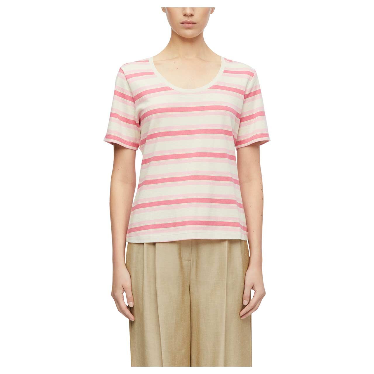 Damen T-Shirt von Comma in Rosa gestreift, Vorderansicht am Model