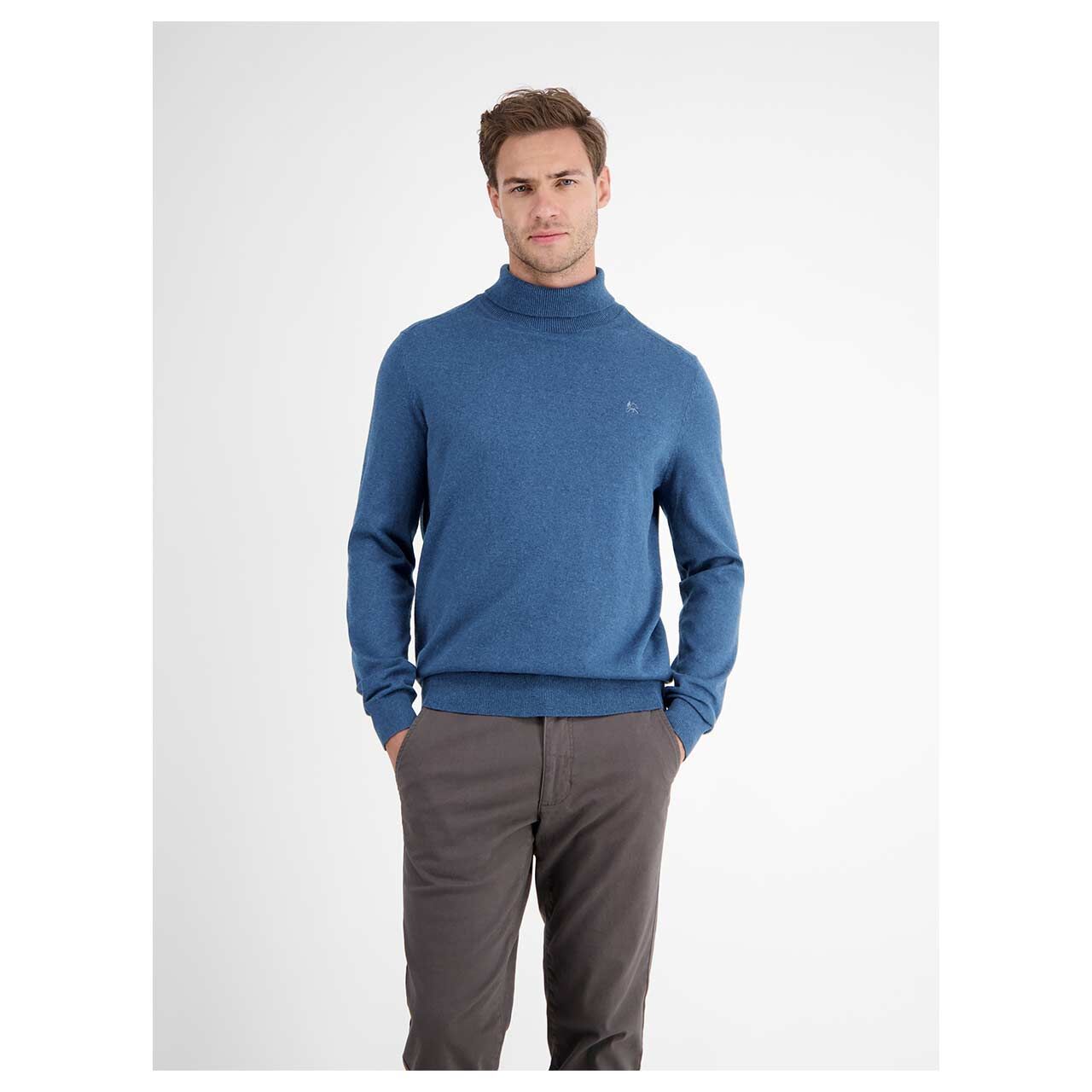 Herren Rollkragen Pullover von Leros in Blau meliert, Vorderansicht am Model