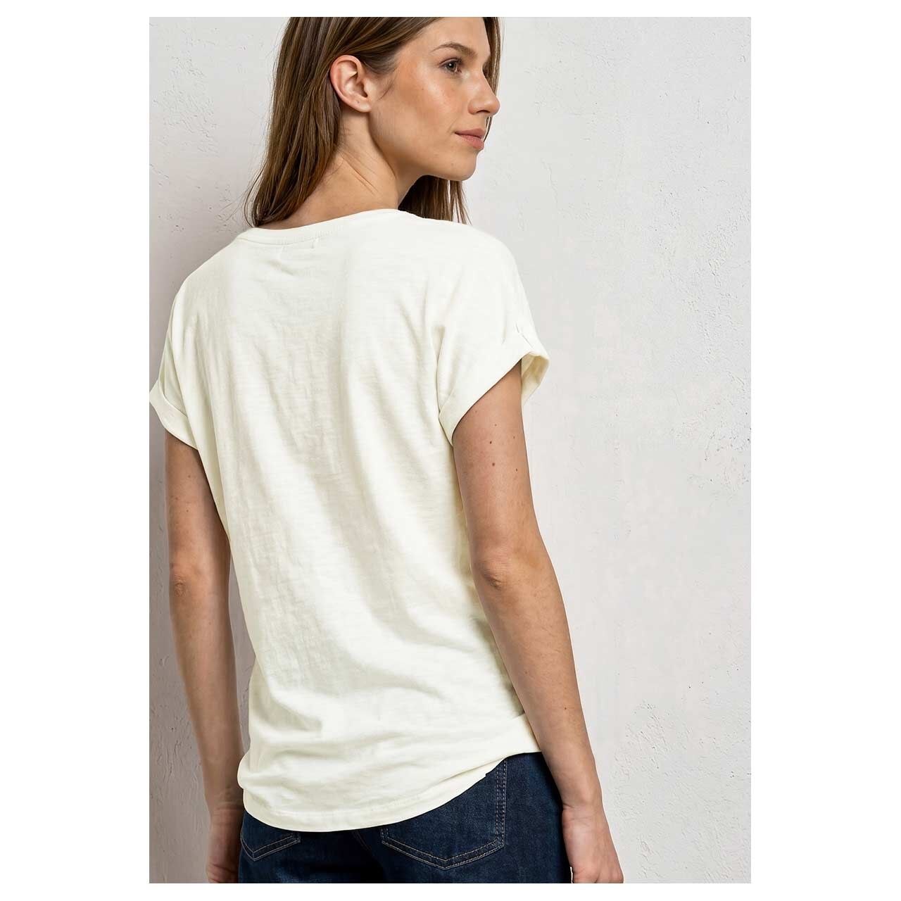 Damen T-Shirt Basic Deco Buttons von Street One in Cremeweiß meliert, Rückansicht am Model