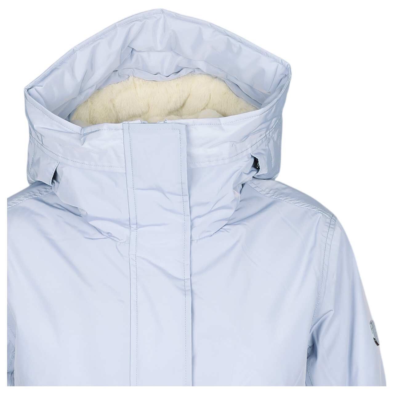 Damen Jacke Aurora Extra Long von Wellensteyn in Hellblau, Detailansicht Kapuze vorne