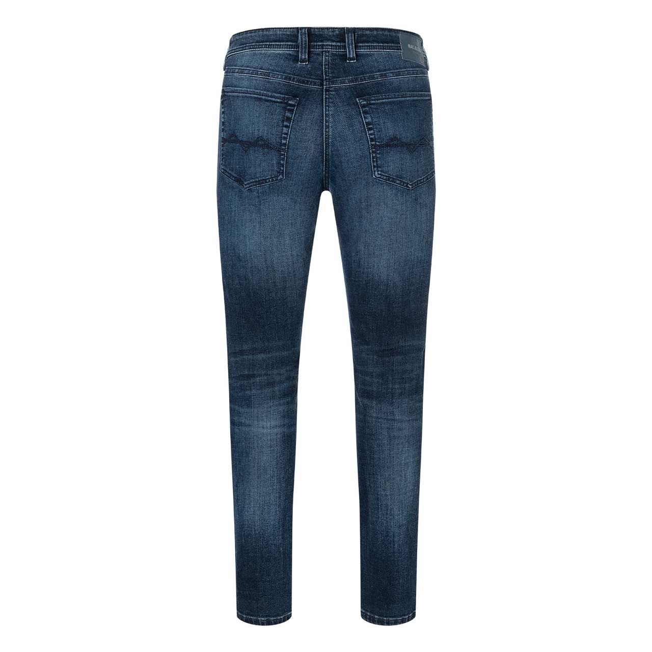 Stretch Herrenjeans Arne von MAC in Dunkelblau angewaschen, Rückansicht