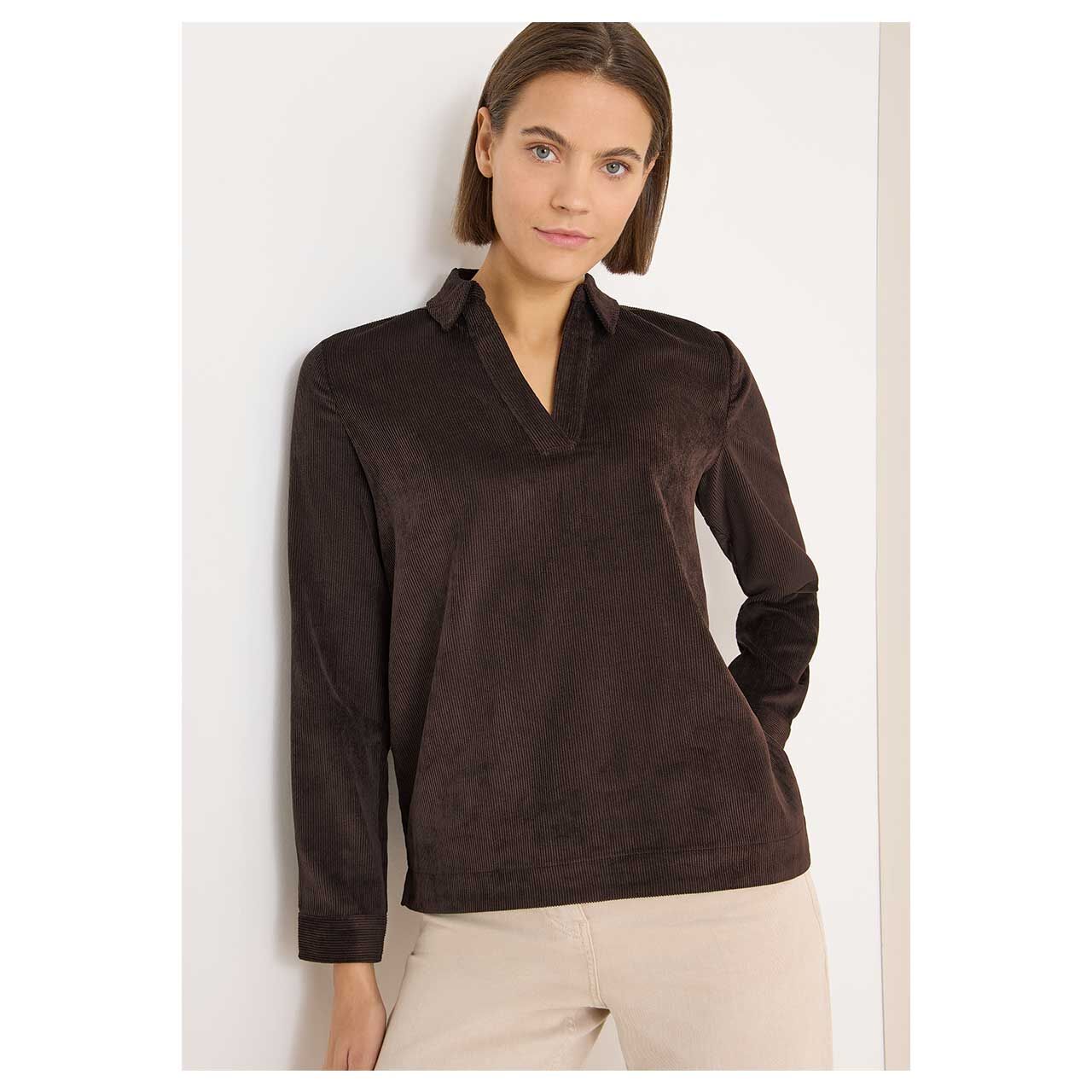 Damen Langarm Cord Bluse Corduroy Splitneck von Cecil in Dunkelbraun, Vorderansicht am Model