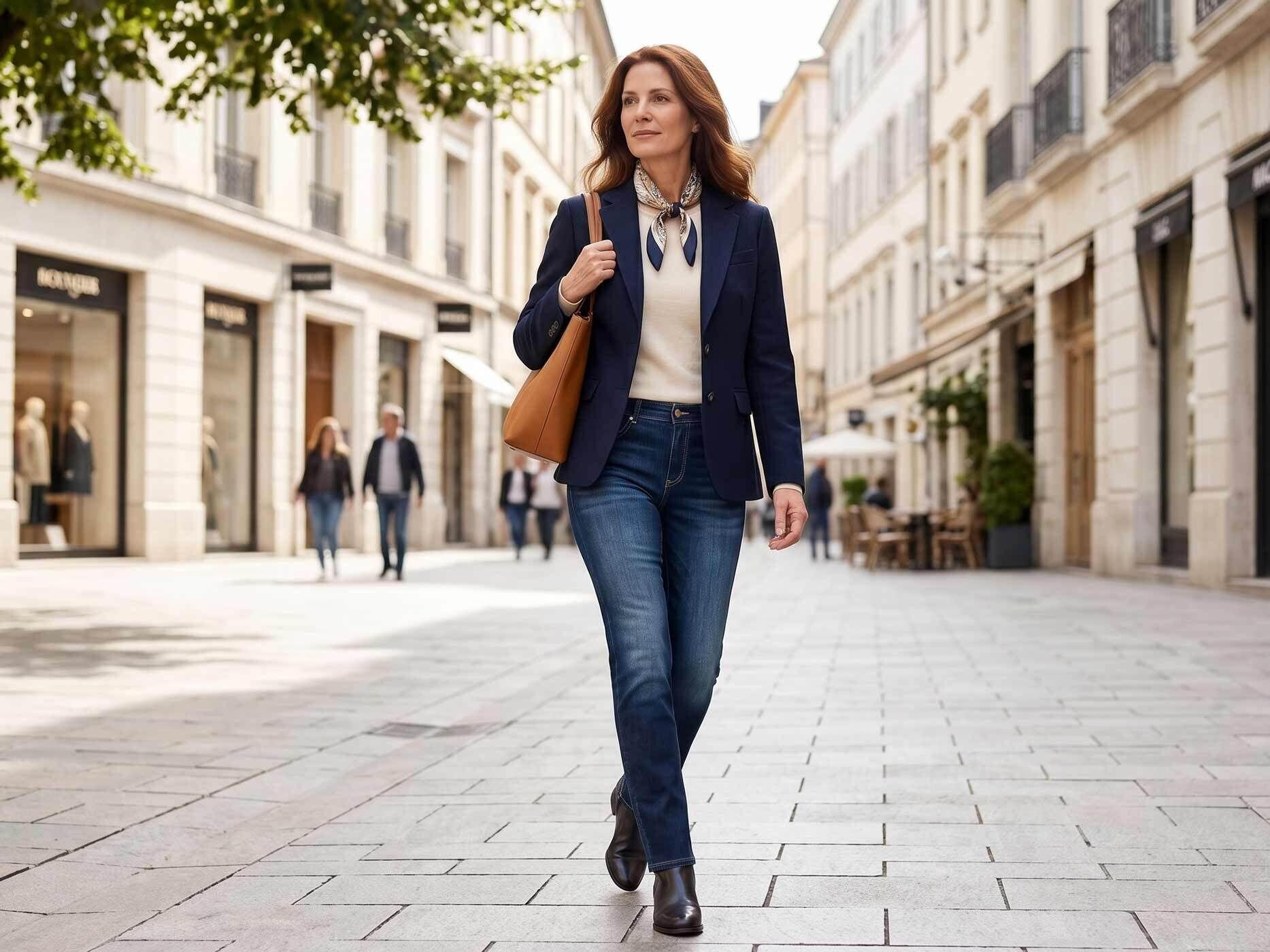 Eine Frau mit braunen Haaren spaziert durch eine Stadt. Sie trägt eine blaue Jeans mit schwarzen Schuhen und einem beigen Oberteil. Darüber trägt sie einen blauen Blazer.