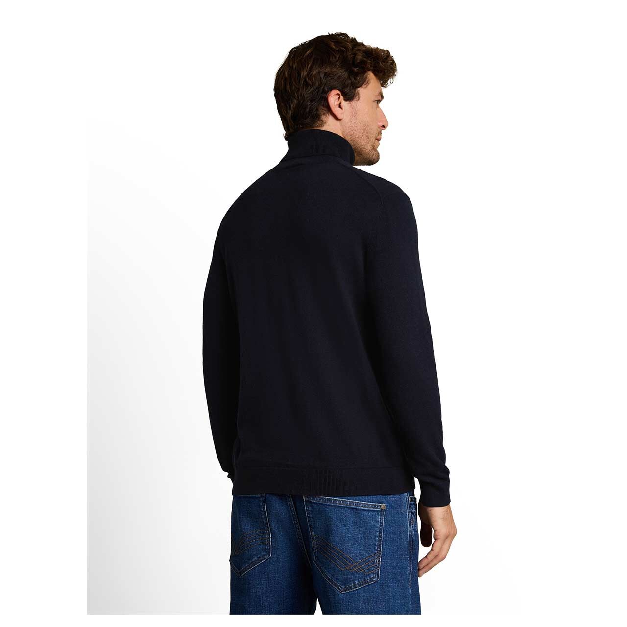 Herren Rollkragen Pullover Cashmere Turtleneck Knit von Tom Tailor in Dunkelblau meliert, Rückansicht am Model