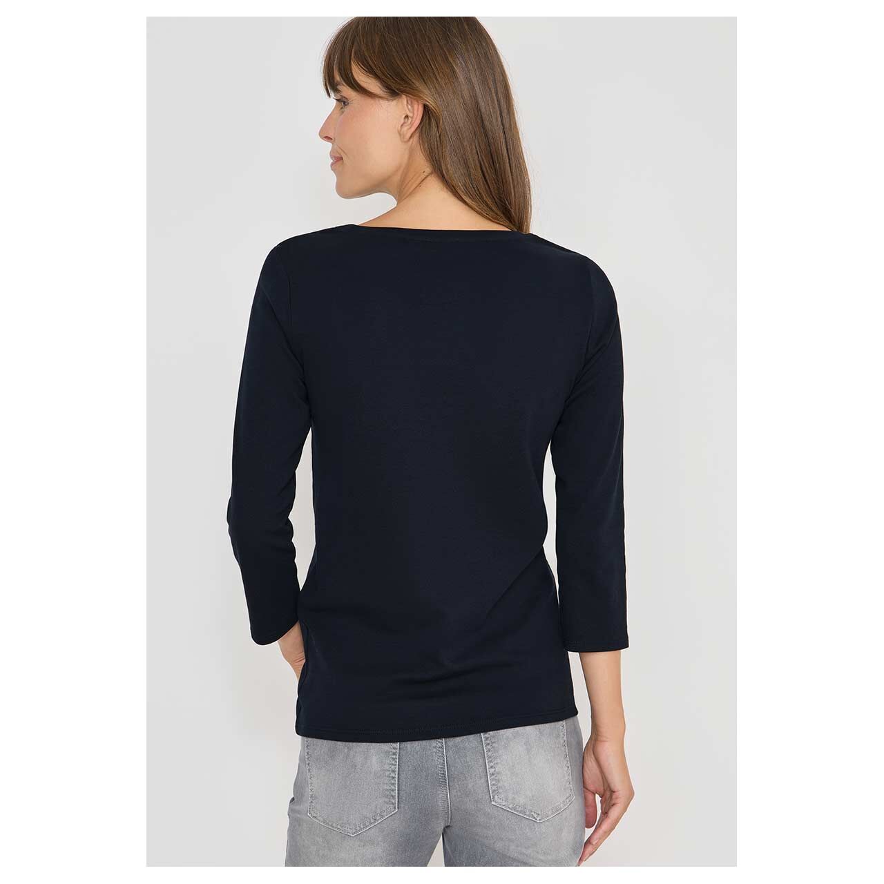Damen 3/4 Arm Shirt Basic Boatneck von Cecil in Dunkelblau, Rückansicht am Model