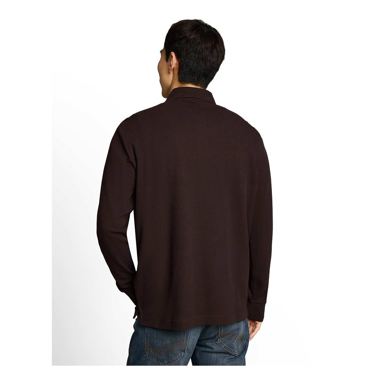 Herren Polo Langarmshirt Structured von Tom Tailor in Dunkelbraun, Rückansicht am Model