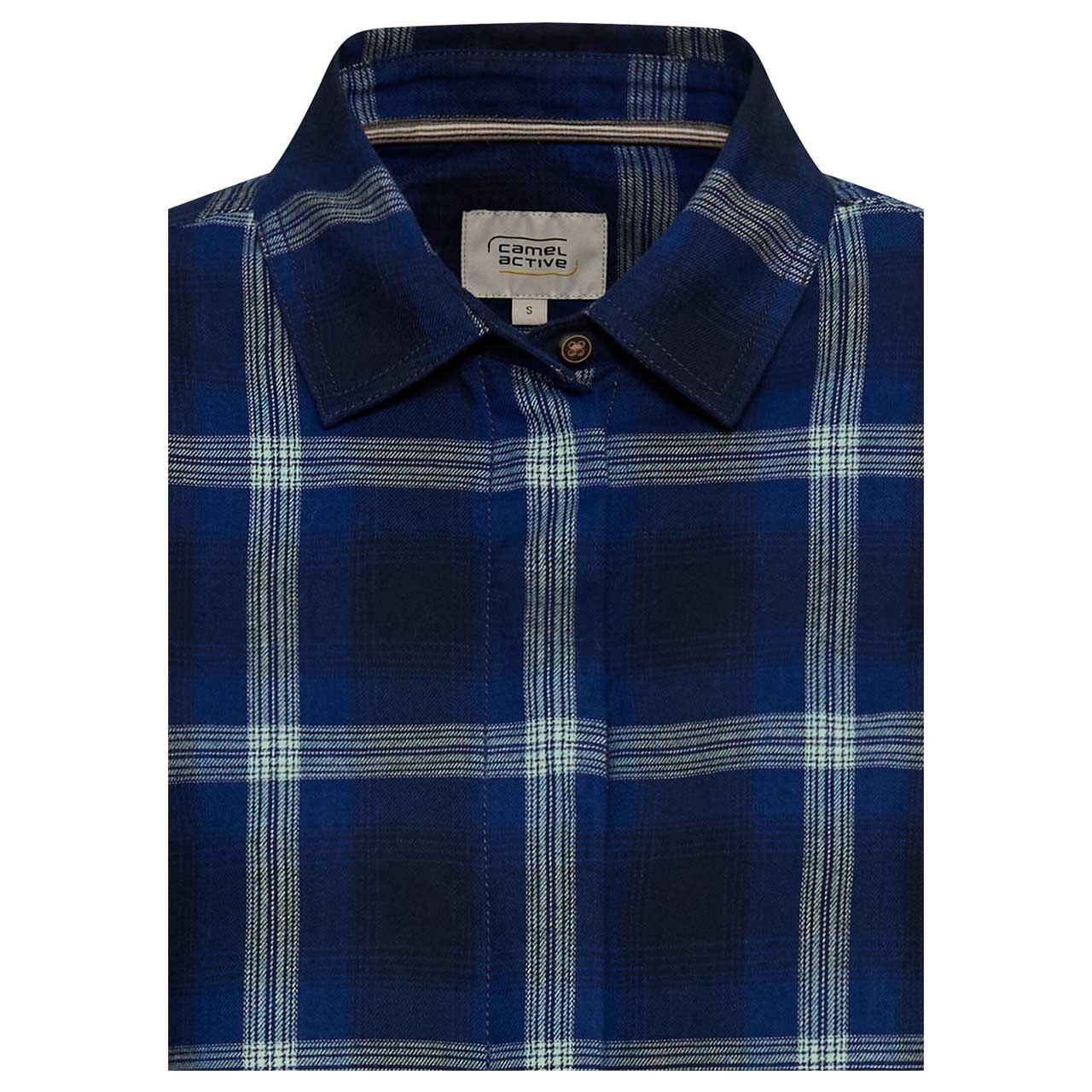Damen Langarm Bluse von Camel active in Blau kariert, detaillierte Vorderansicht
