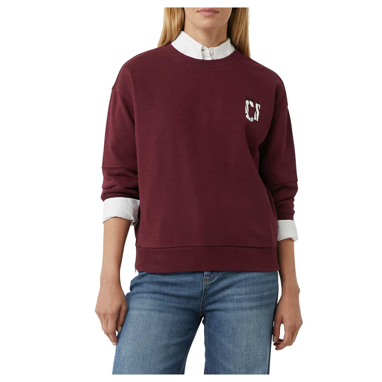 Damen 3/4 Arm Sweatshirt von Comma in Burgunderrot, Detailansicht vorne am Model