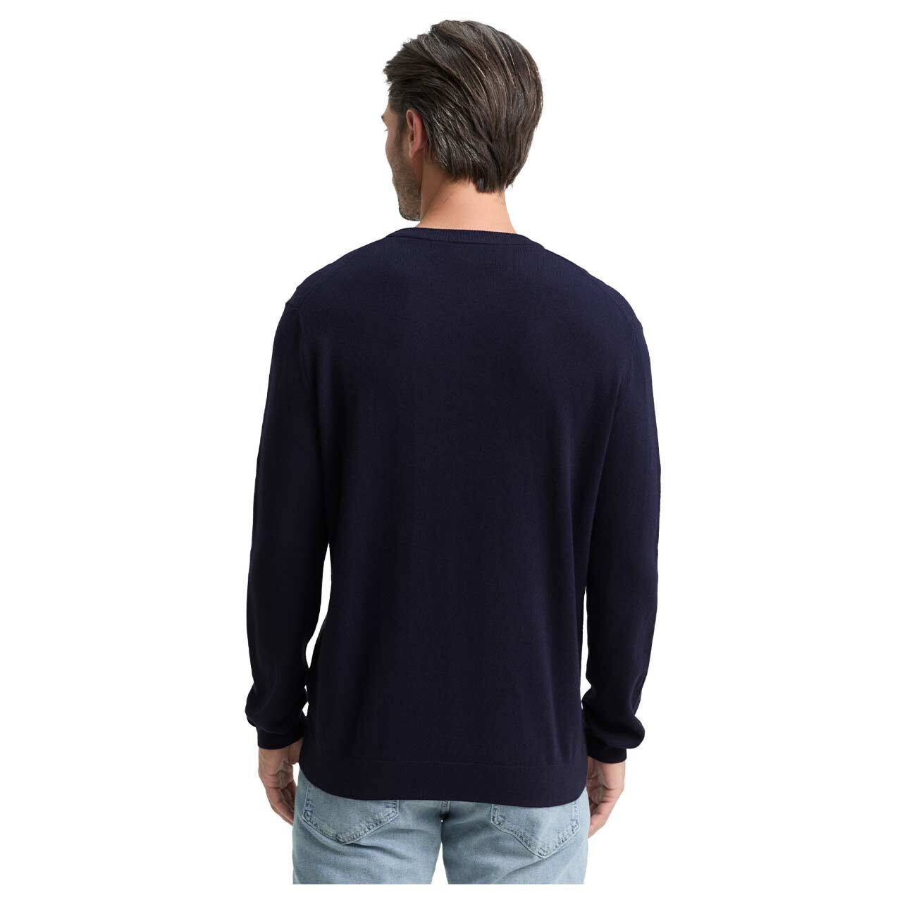 Herren Pullover Cashmere Crewneck Knit von Tom Tailor in Dunkelblau meliert, Rückansicht am Model