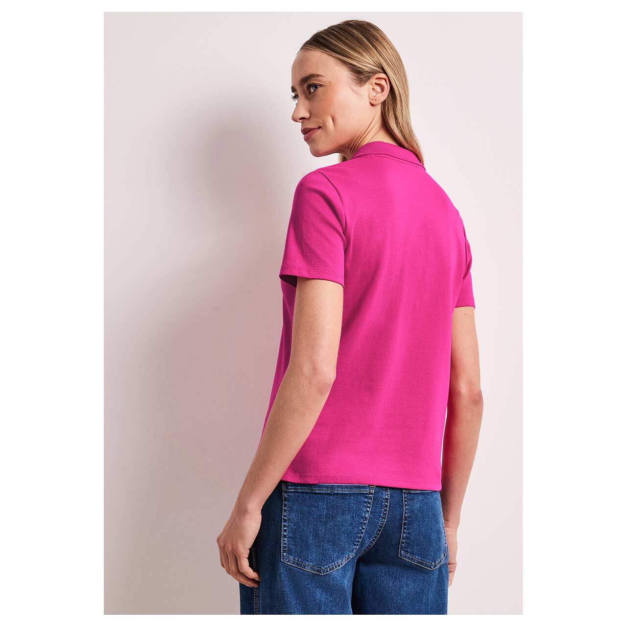 Damen T-Shirt Rib Polo von Street One in Pink, Rückansicht am Model