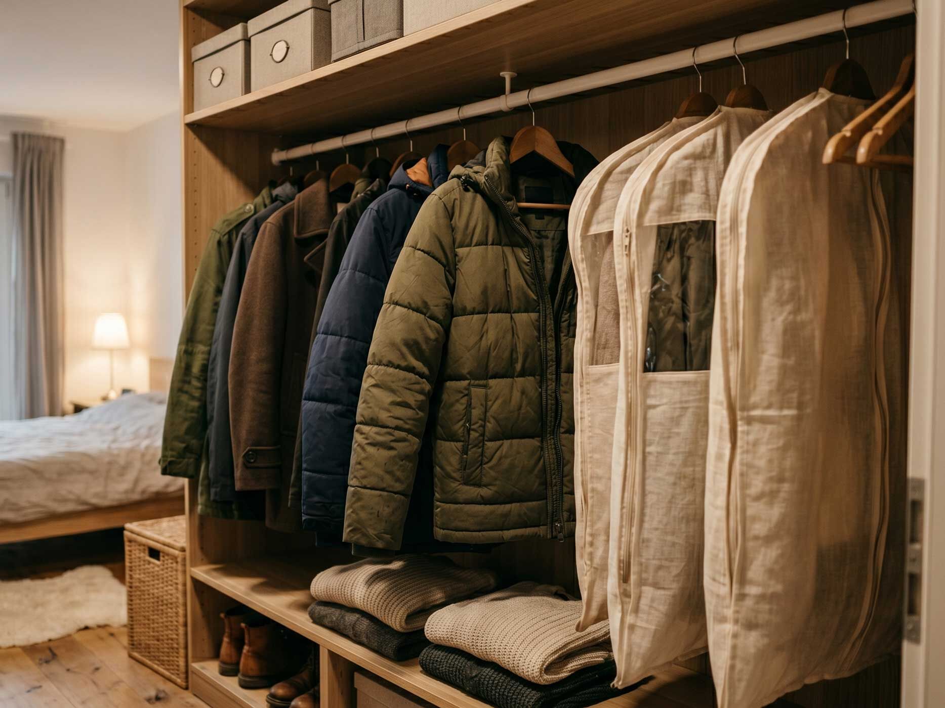 Winterjacken h&auml;ngen platzsparend und gesch&uuml;tzt in einem Kleiderschrank mit atmungsaktiven Kleiders&auml;cken.