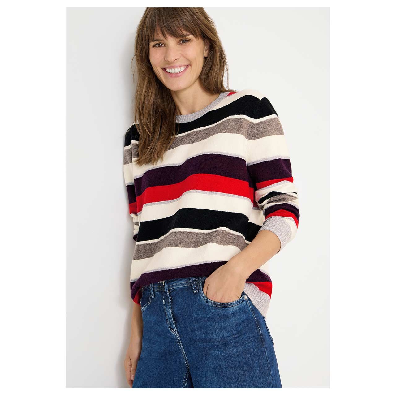 Damen Pullover Cosy Multicolor von Cecil in Cremeweiß gestreift, Vorderansicht am Model