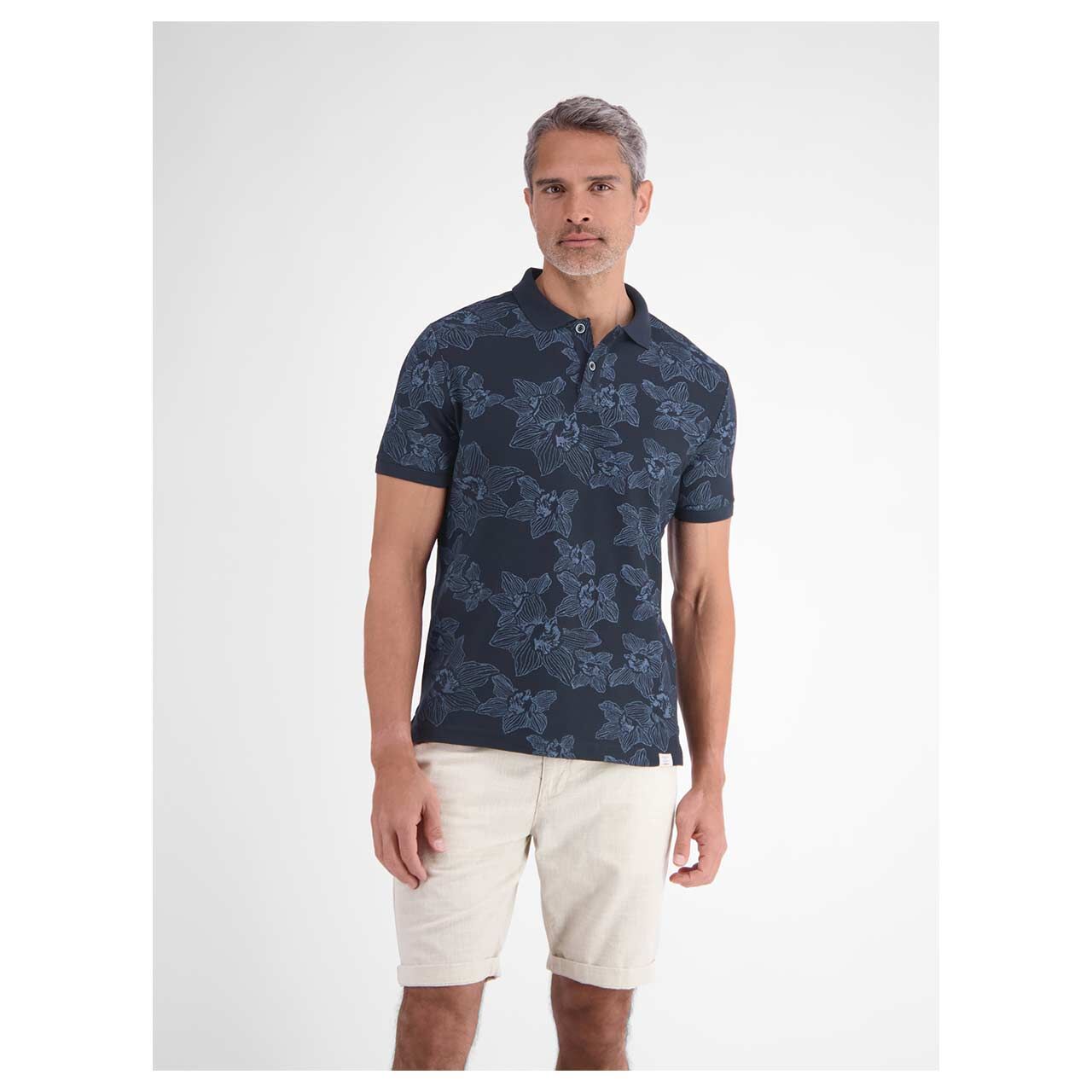 Herren Poloshirt von Lerros in Dunkelblau mit Print, Vorderansicht am Model