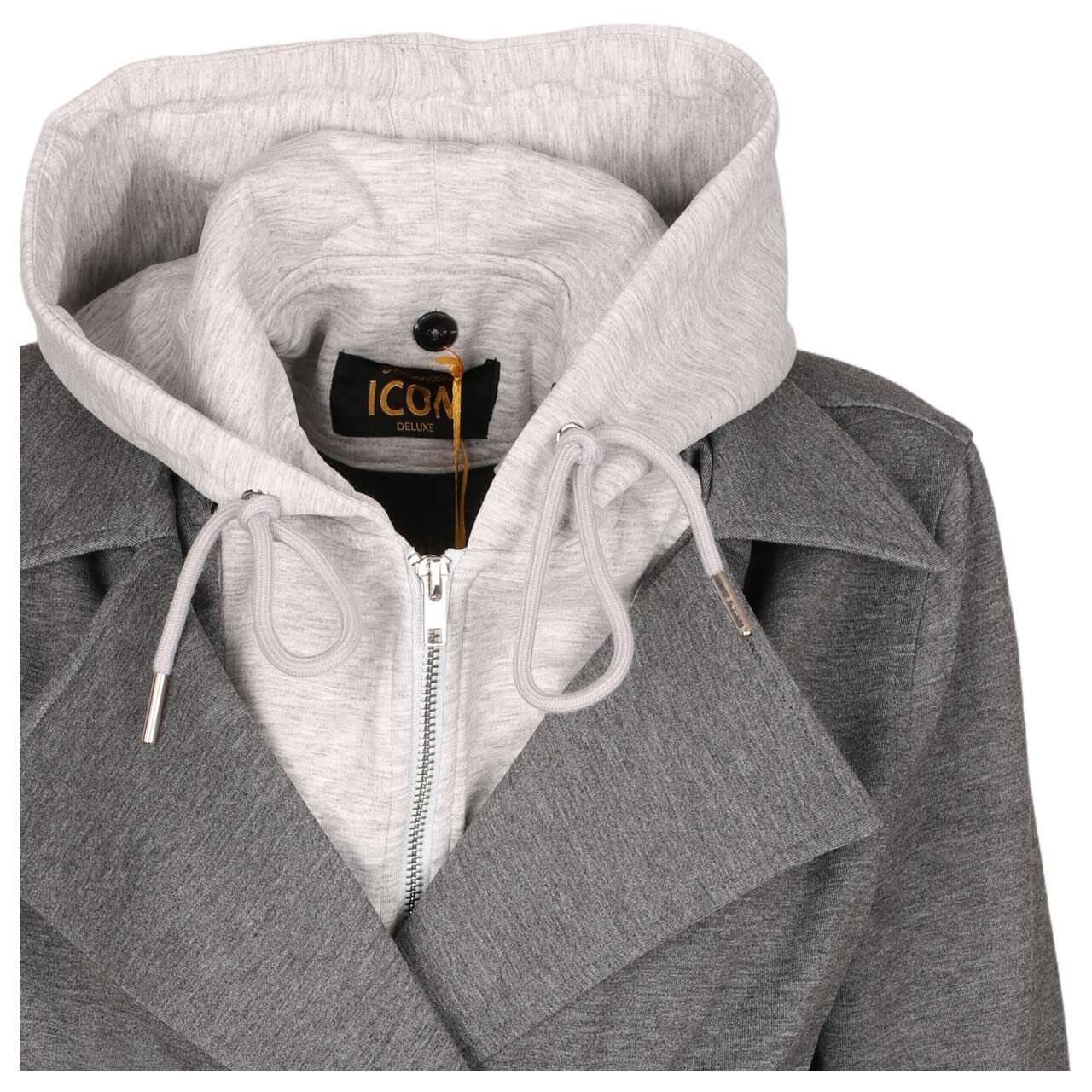Damen Jacke Hooded Jacket von Senoritas ICON in Grau meliert, Detailansicht vorne geschlossen