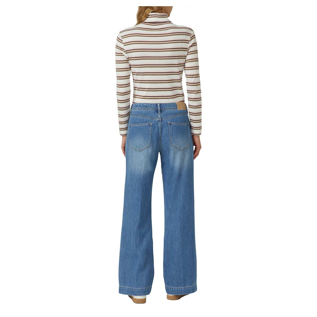 s.Oliver Damen Rollkragen Langarm Shirt in Cremeweiß gestreift, Rückansicht am Model