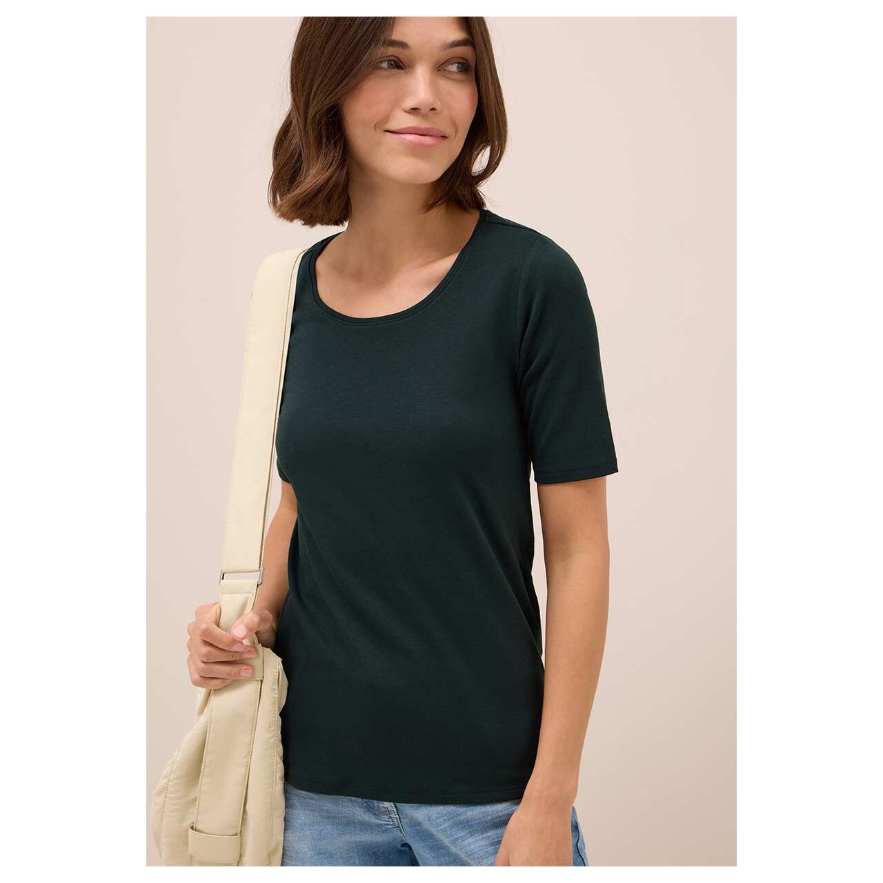 Damen T-Shirt Lena von Cecil in Dunkelgrün, Vorderansicht am Modell