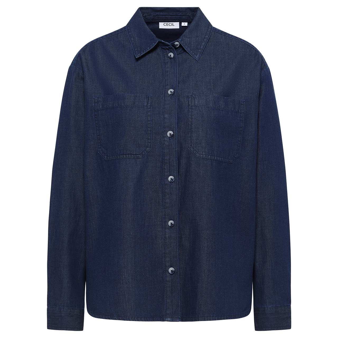 Cecil Damen Langarm Bluse Denim Cotton Look dark blue wash