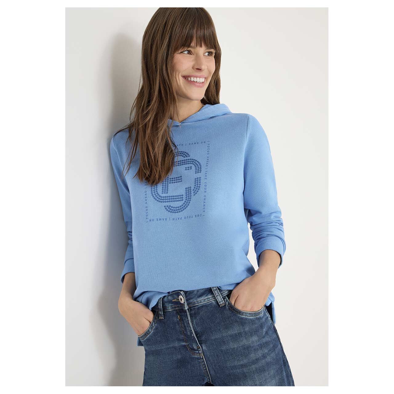 Damen Hoodie Sweatshirt Stitched Sequins von Cecil in Blau mit Print, Vorderansicht am Model