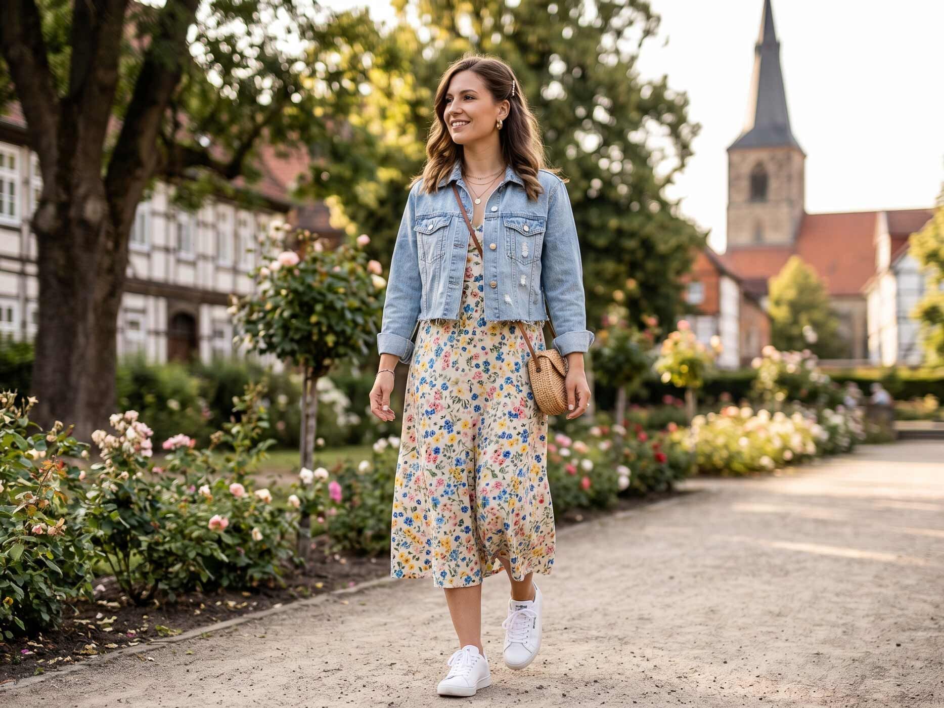 Eine Frau spaziert durch einen bl&uuml;henden Garten und tr&auml;gt ein helles Sommerkleid mit Blumenmuster sowie eine kurze Jeansjacke. Die leichte Jacke erg&auml;nzt das Kleid harmonisch und sorgt f&uuml;r einen unkomplizierten Freizeitlook.