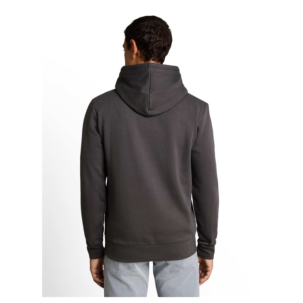 Herren Hoodie Sweatshirt von Tom Tailor in Dunkelgrau mit Print, Rückansicht am Model