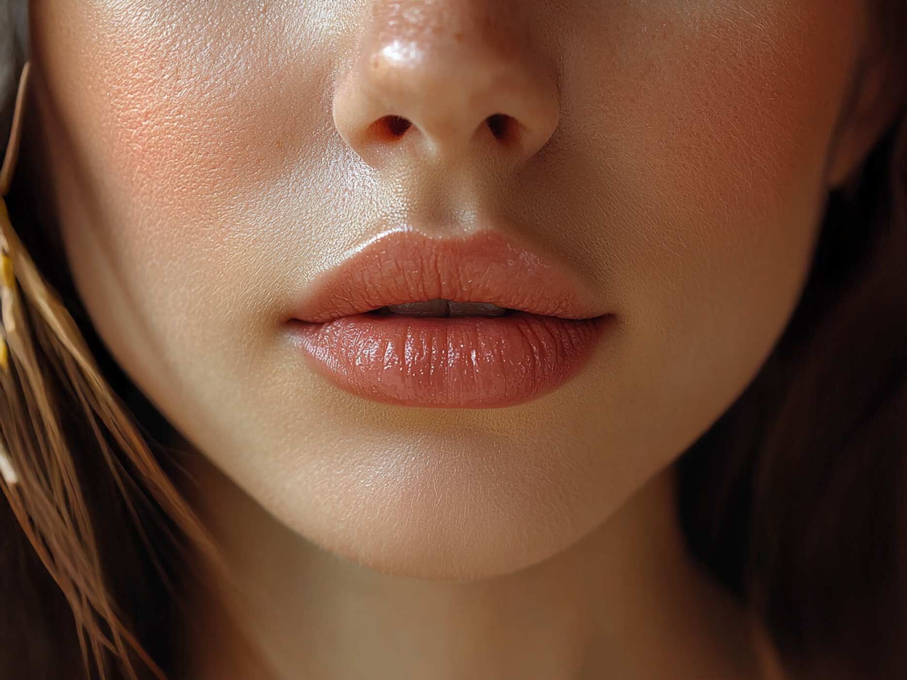 Nahaufnahme von vollen Lippen, die mit rosé farbenem Lipgloss bemalt wurden