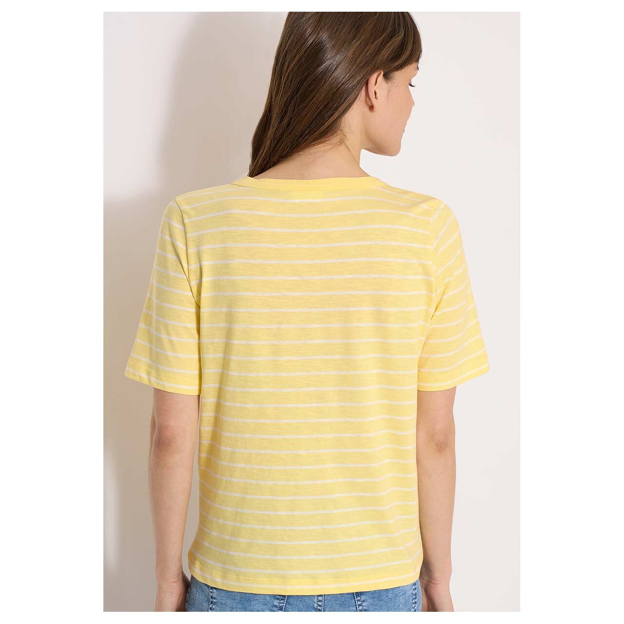 Damen T-Shirt Striped Slubyarn von Cecil in Gelb gestreift, Rückansicht am Model