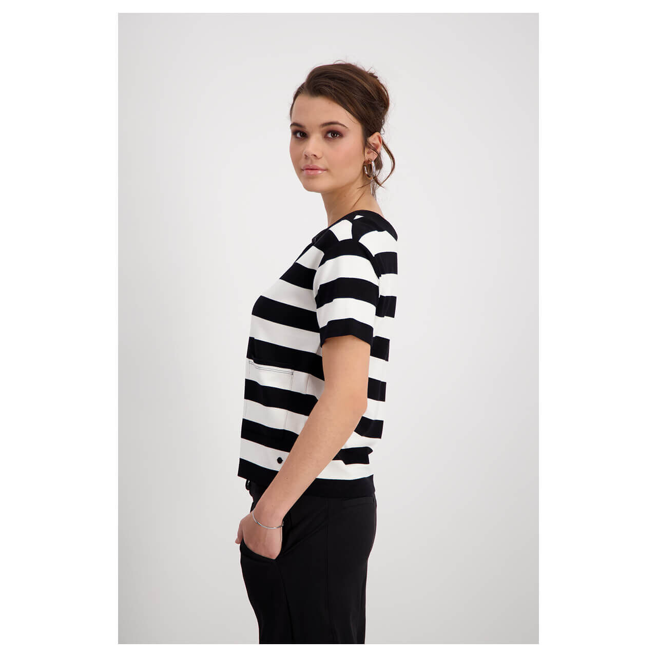 Monari Damen Kurzarm Sweatshirt black white stripes