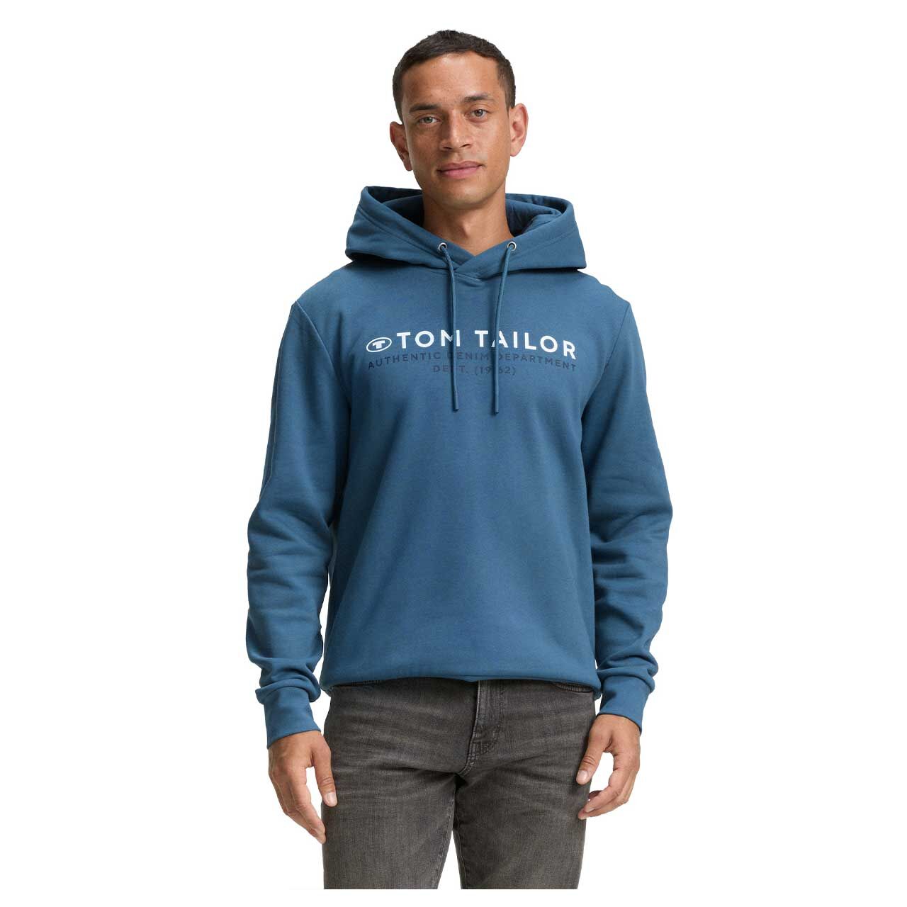 Herren Hoodie Sweatshirt von Tom Tailor in Blau mit Print, Vorderansicht am Model