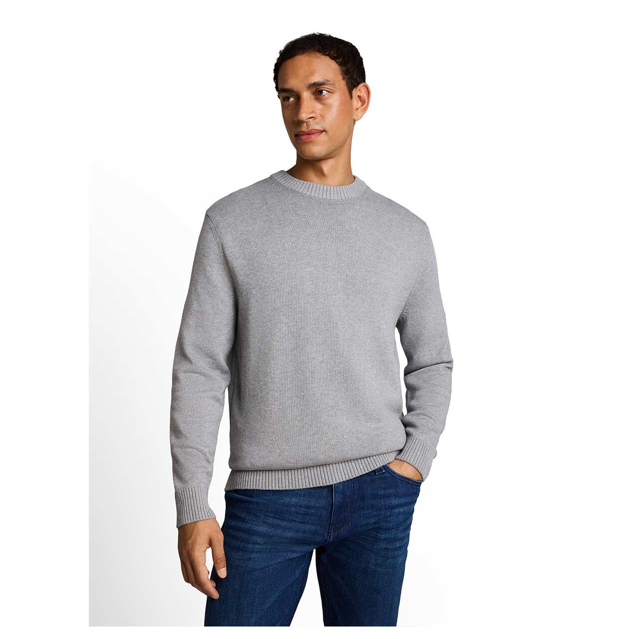 Herren Pullover Crew Neck Knit von Tom Tailor in Grau meliert, Vorderansicht am Model
