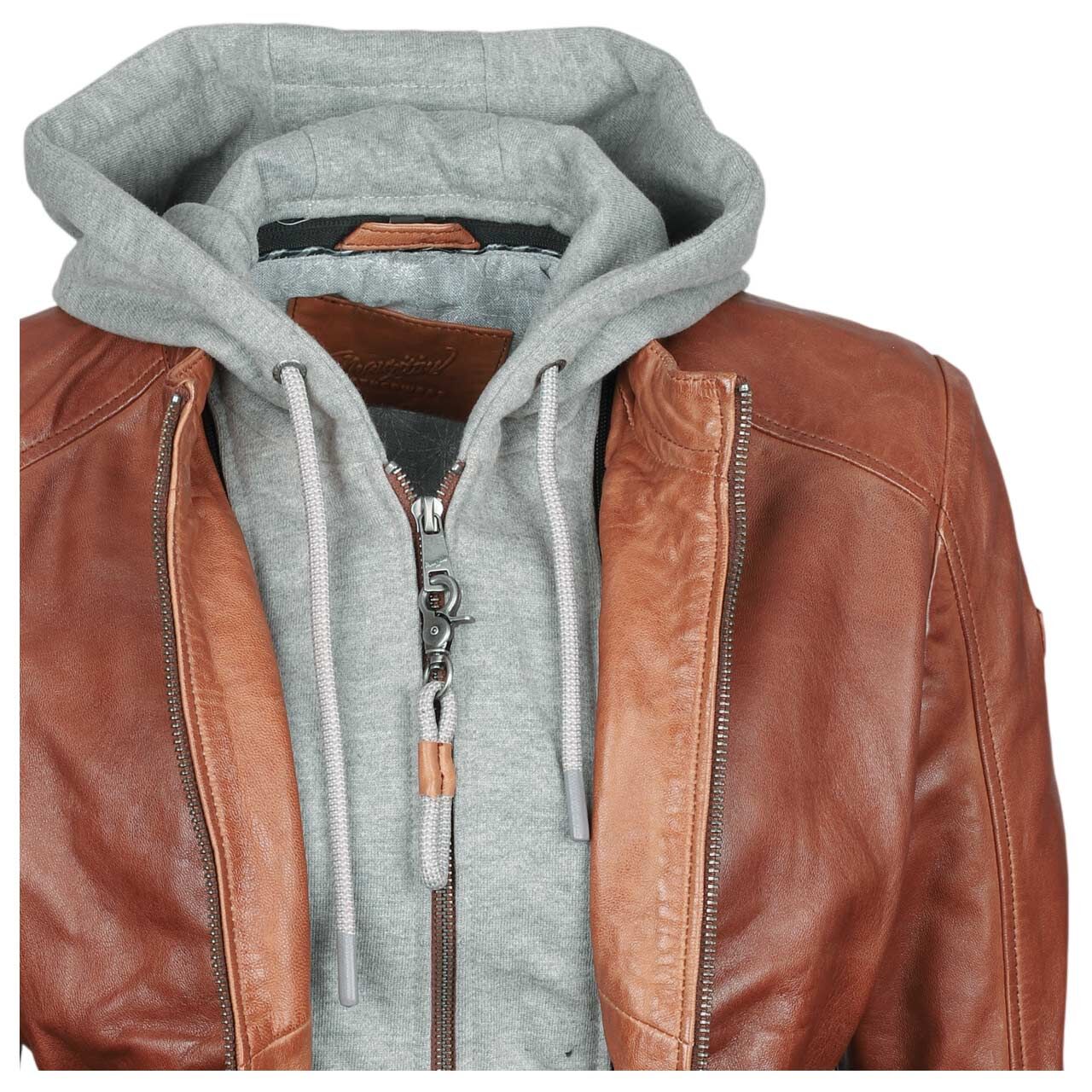 Damen Lederjacke Alva von Mauritius in Braun, detaillierte Vorderansicht offen