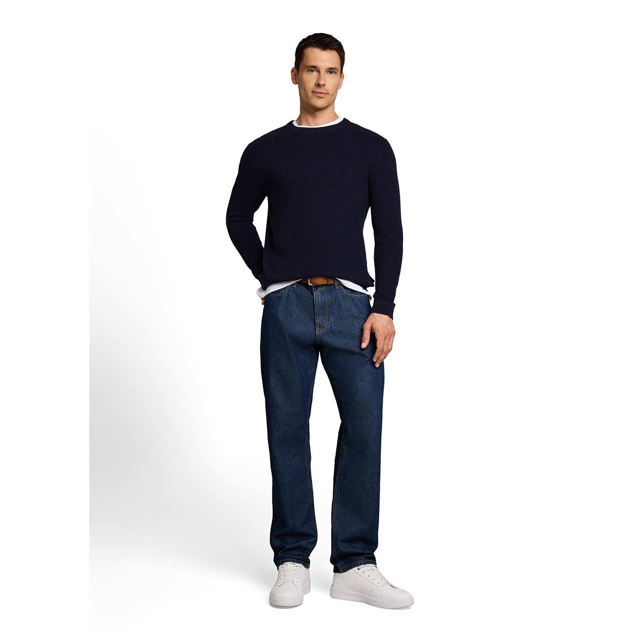 Herren Pullover Cashmere Structured Crew Knit von Tom Tailor in Dunkelblau meliert, Ganzkörperansicht