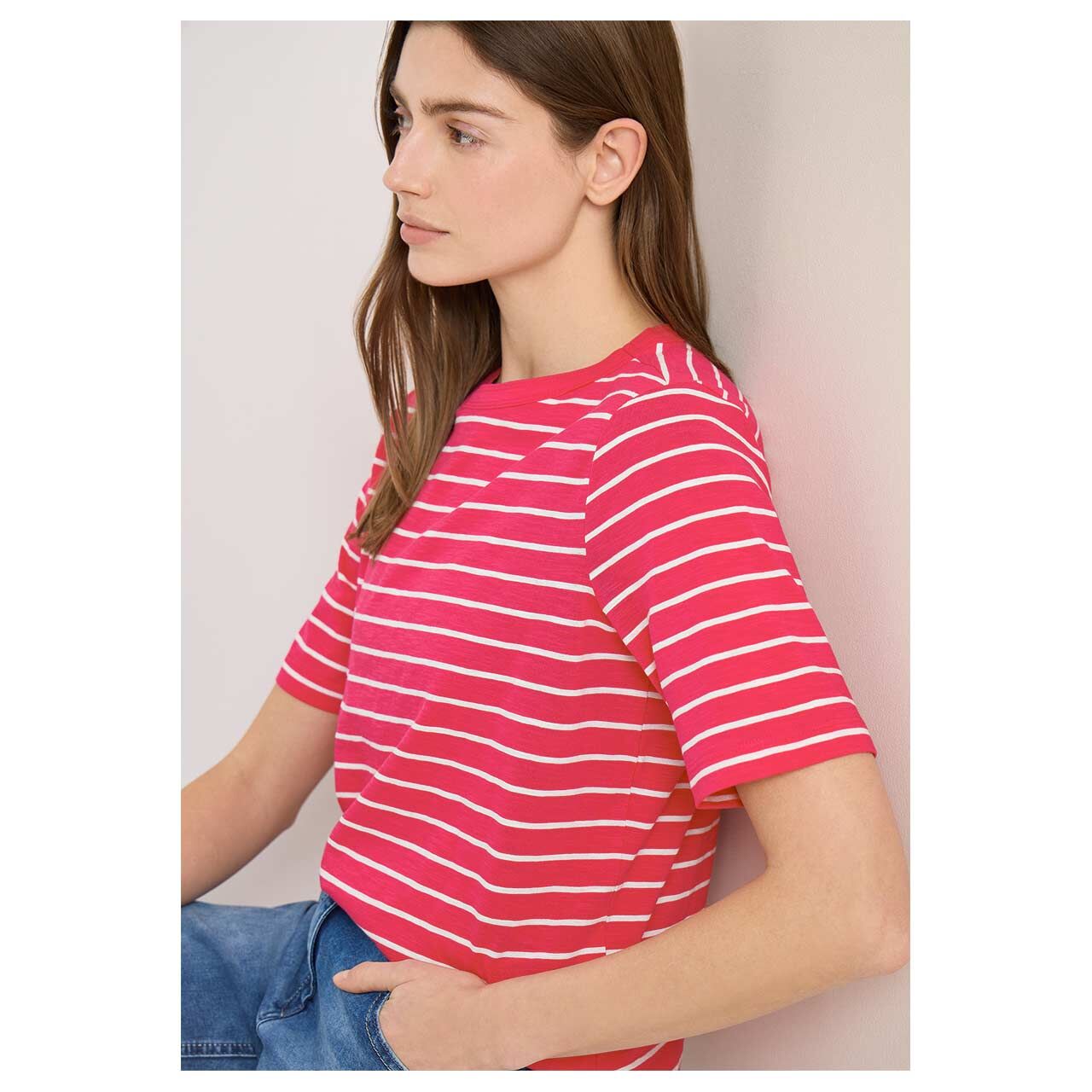 Damen T-Shirt Striped Slubyarn von Cecil in Pink gestreift, Seitenansicht am Model