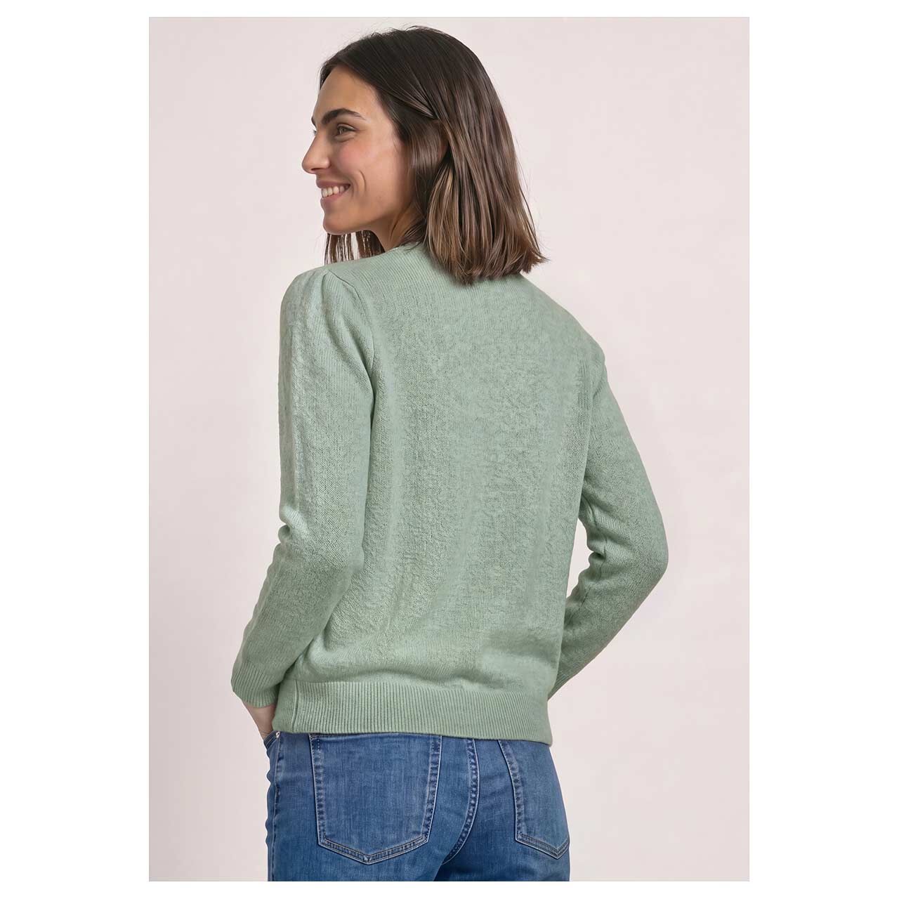 Damen Pullover Cosy Puffy Sleeve Sweater von Street One in Grün meliert, Rückansicht am Model