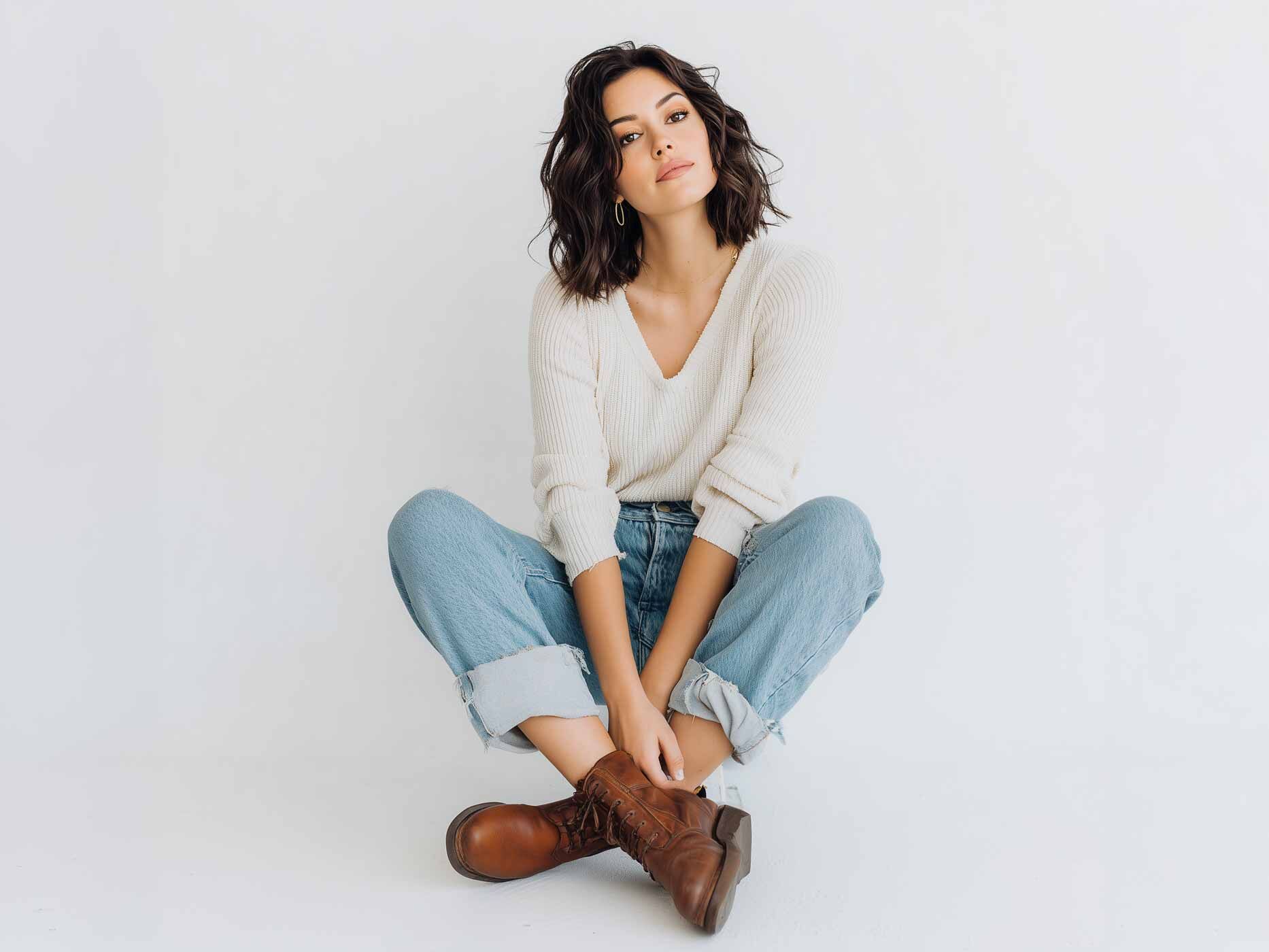 Eine Frau sitzt im Schneidersitz auf dem Boden, sie tr&auml;gt einen wei&szlig;en Strickpullover, eine blaue Mom-Jeans, die an den Beinen hochgekrempelt ist, und dazu braune Boots.