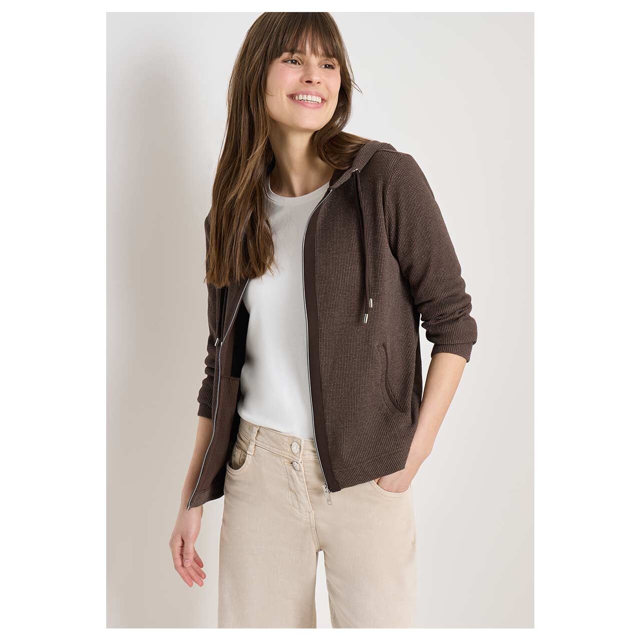 Damen Hoodie Sweatjacke von Cecil in Dunkelbraun meliert, Vorderansicht am Model