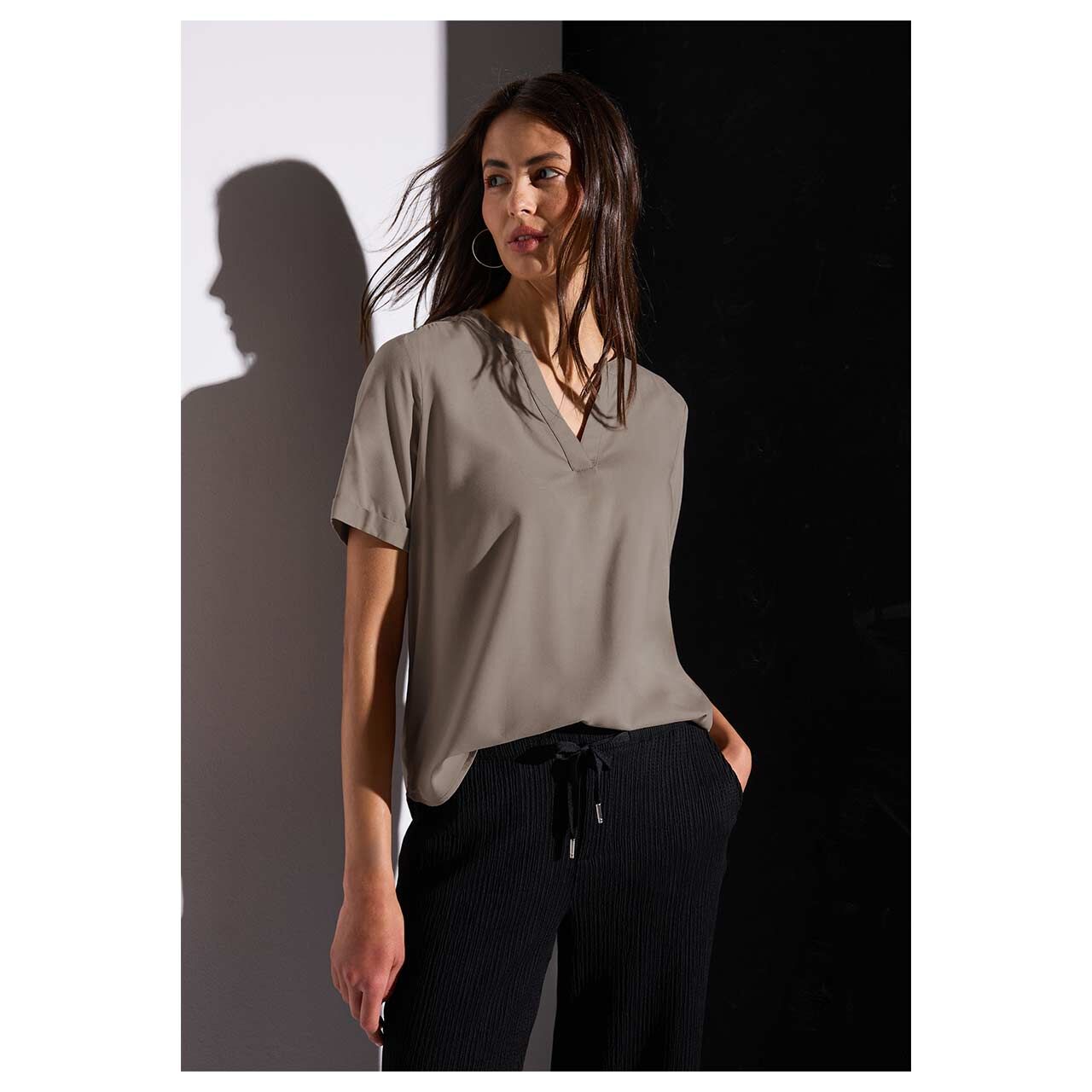 Street One Damen Kurzarm Bluse Splitneck vintage stone