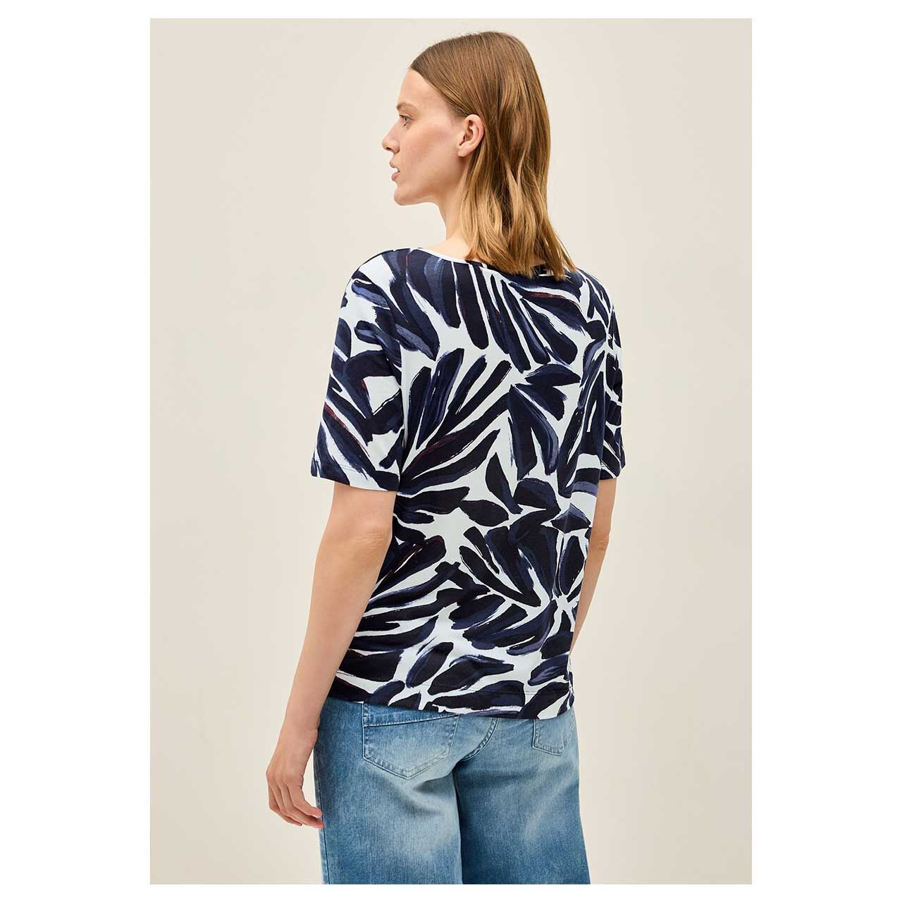 Damen T-Shirt Big Leaf Tunic von Cecil in Dunkelblau mit Print, Rückansicht am Modell