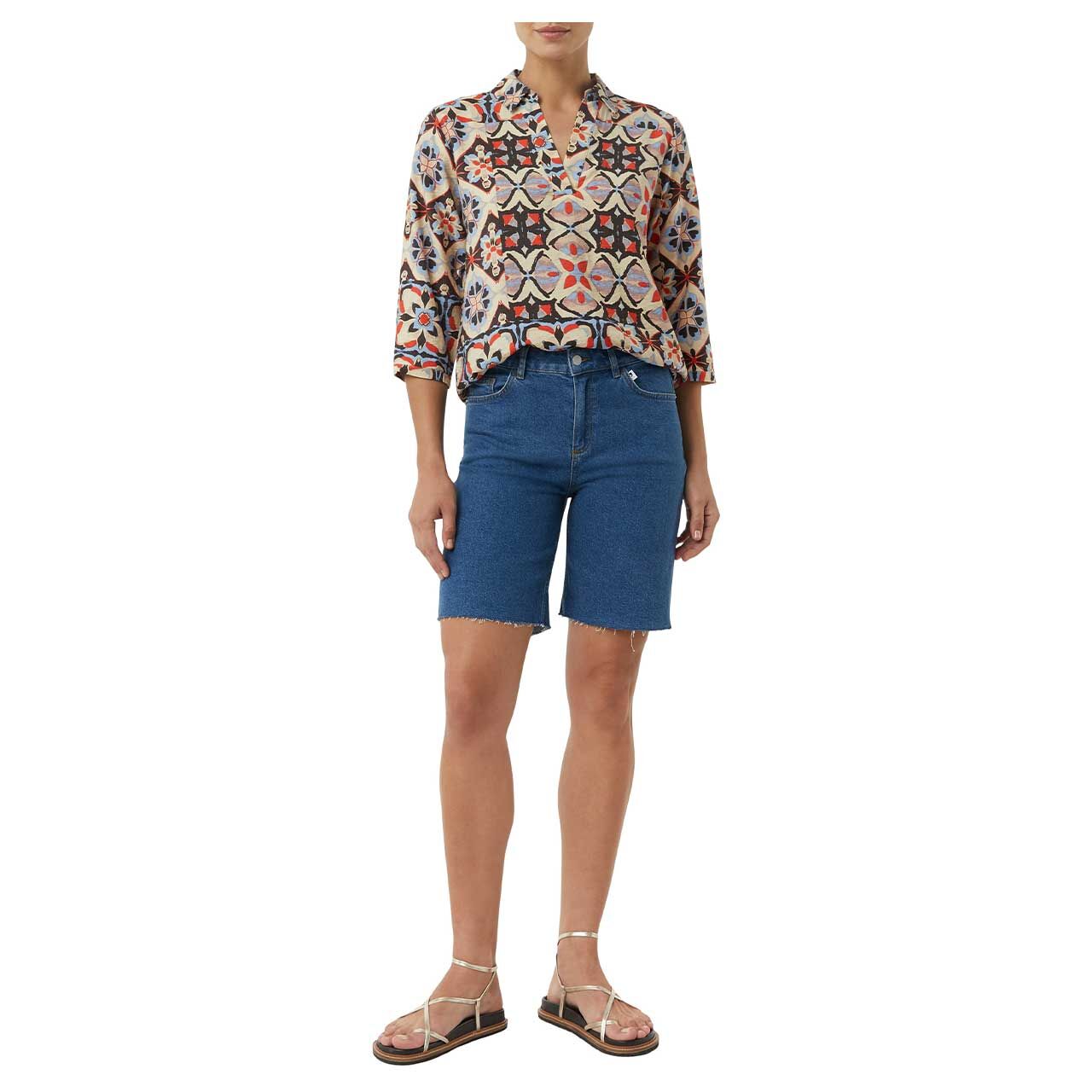 Damen 3/4 Arm Bluse von Comma in Orange mit Print, Vorderansicht am Modell