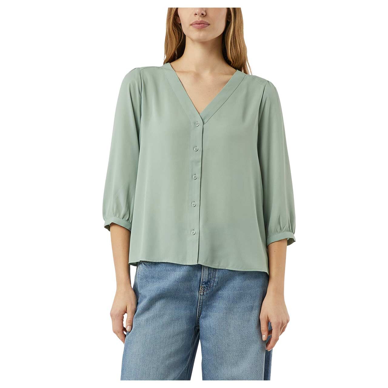 Damen 3/4 Arm Bluse in Grün, Vorderansicht am Model