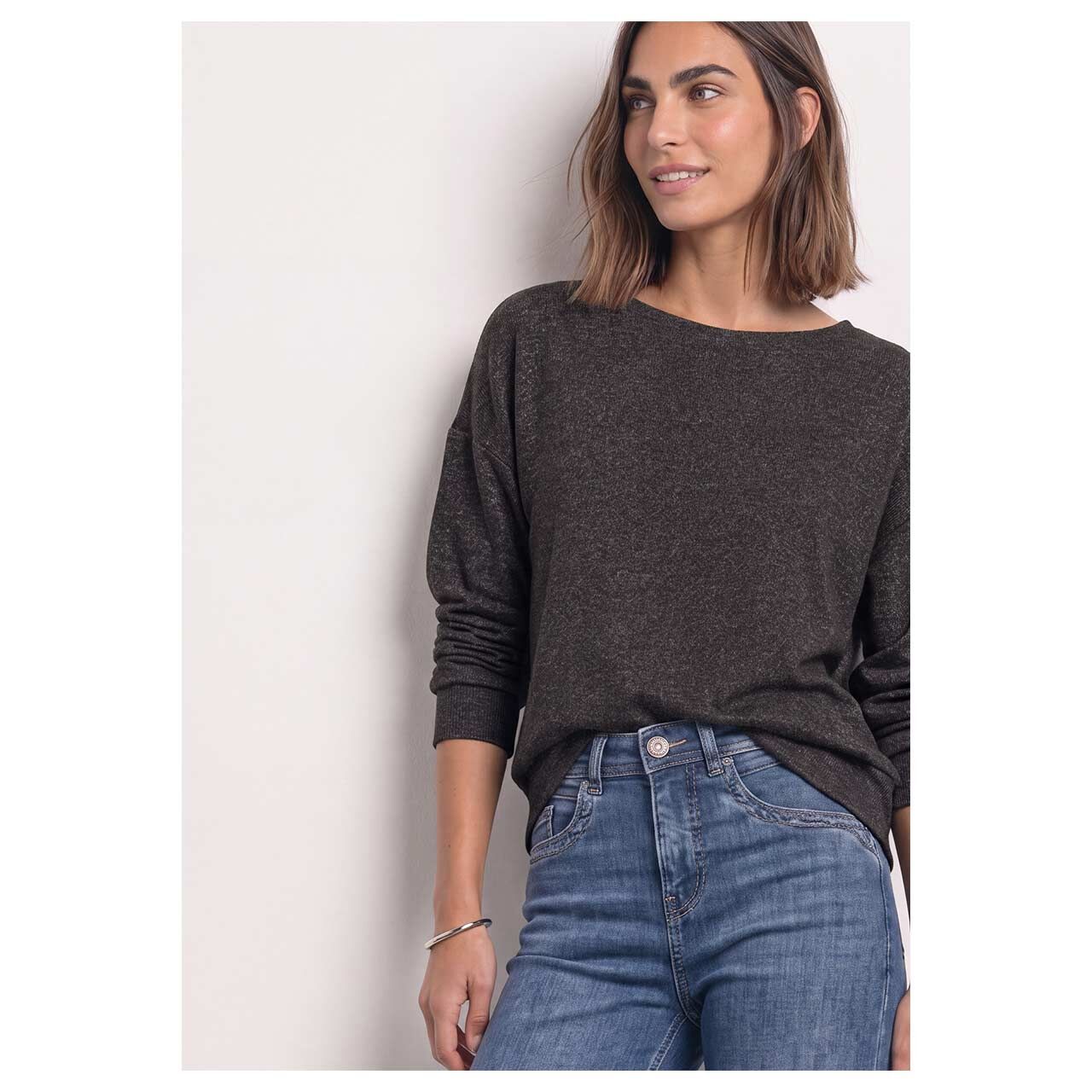 Damen Langarm Shirt Soft Bottom Cuff von Street One in Dunkelbraun meliert, Vorderansicht am Model