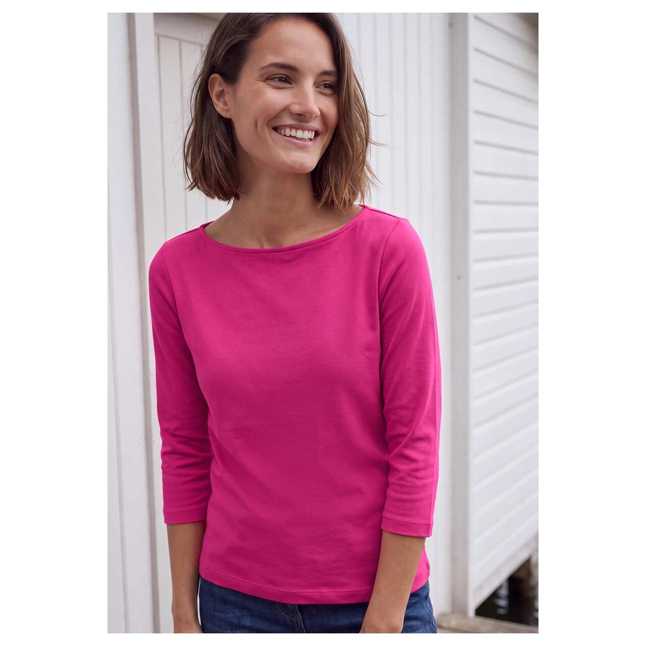 Damen 3/4 Arm Shirt Basic Boatneck von Cecil in Pink, detaillierte Vorderansicht am Model