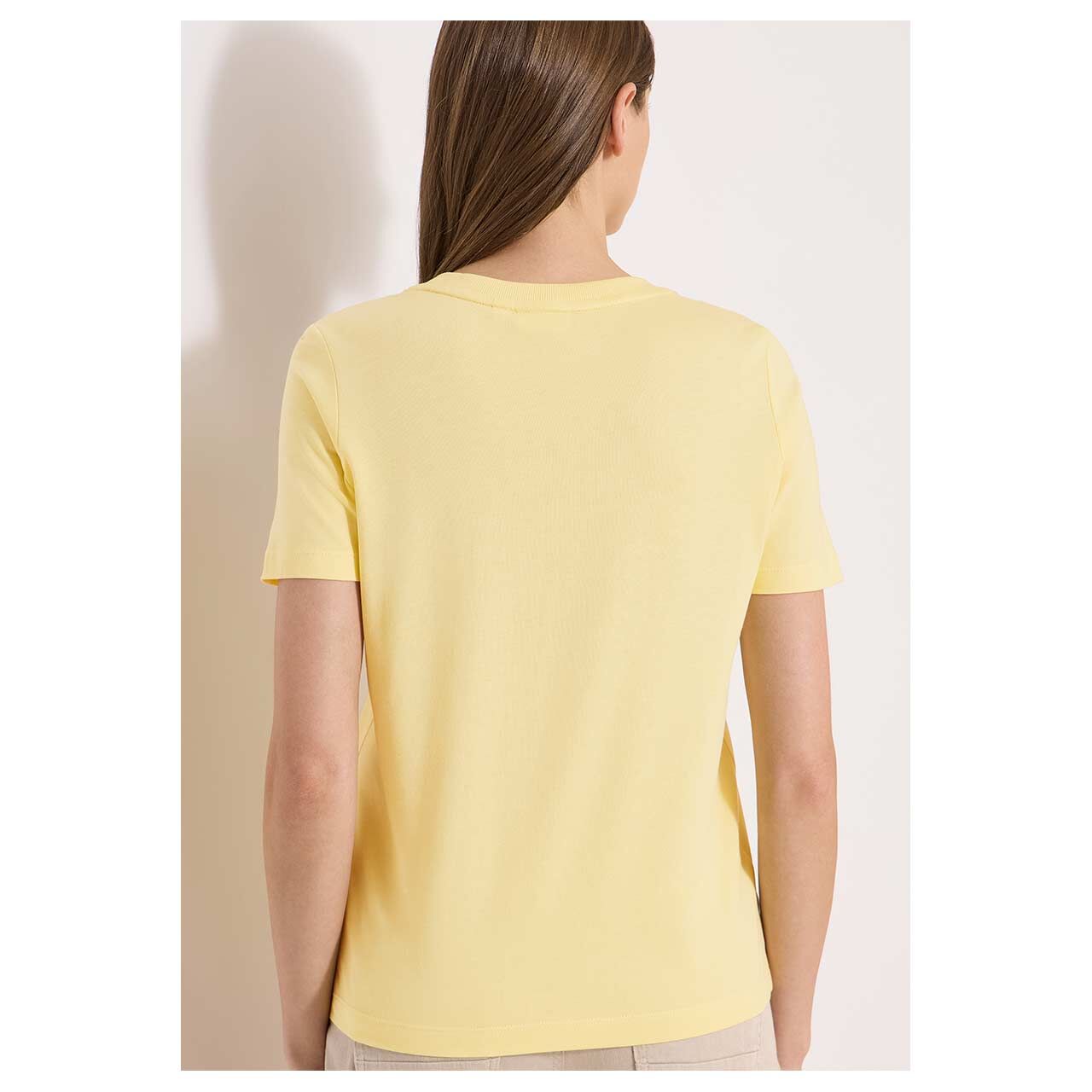 Damen T-Shirt Leaves Print von Cecil in Gelb mit Print, Rückansicht am Model