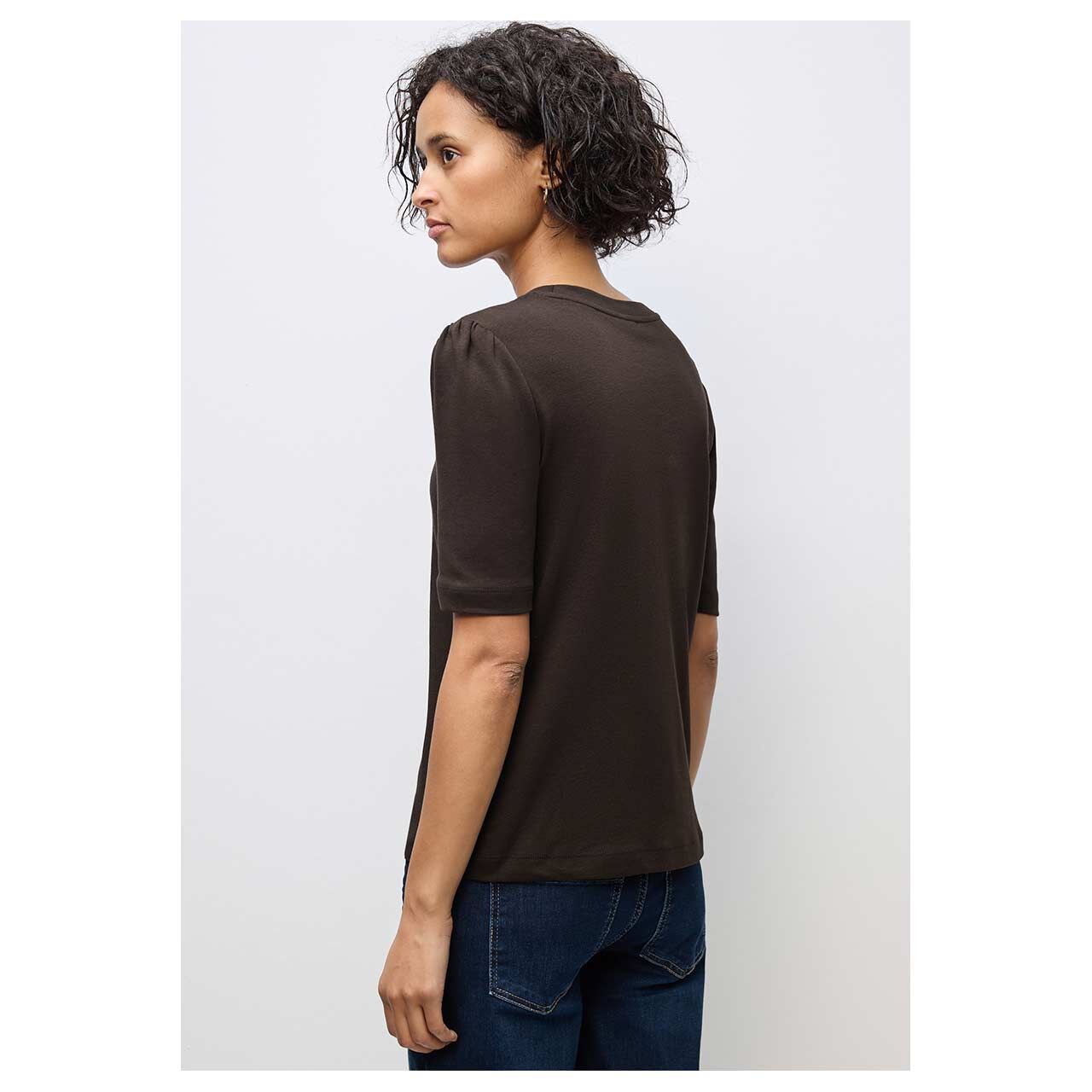 Damen T-Shirt Basic Puff Sleeve von Street One in Dunkelbraun, Rückansicht am Model