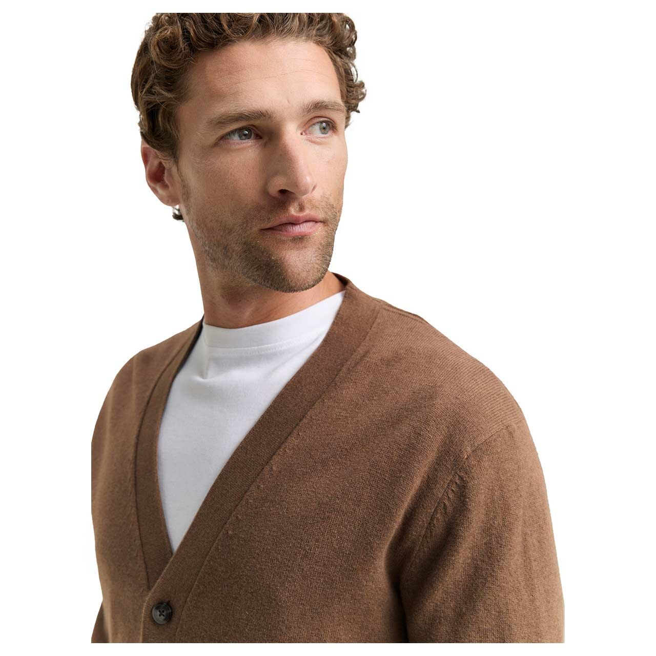 Herren Strickjacke Cashmere Cardigan von Tom Tailor in Braun meliert, Detailansicht am Model
