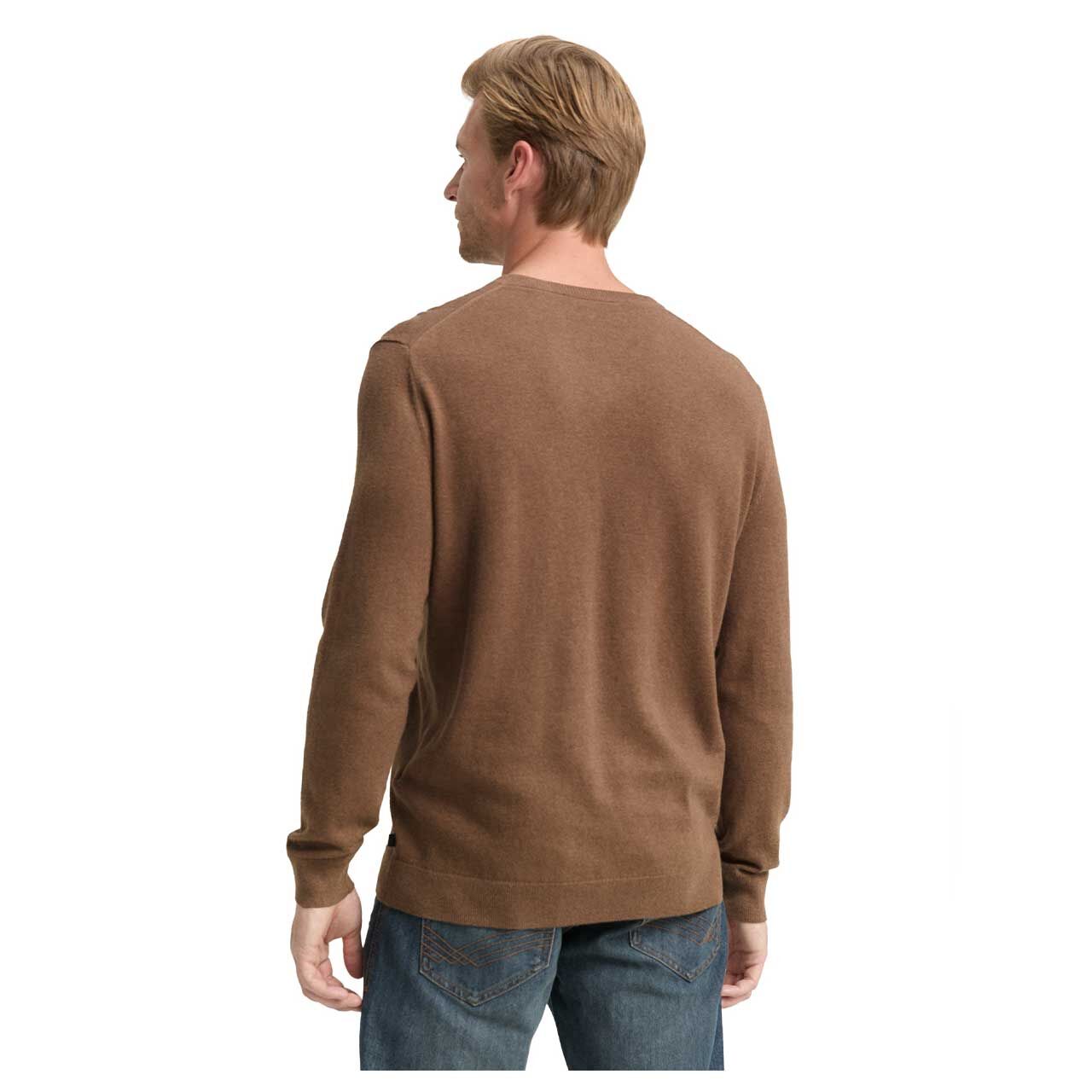 Herren Pullover Cashmere V-Neck Knit von Tom Tailor in Braun meliert, Rückansicht am Model