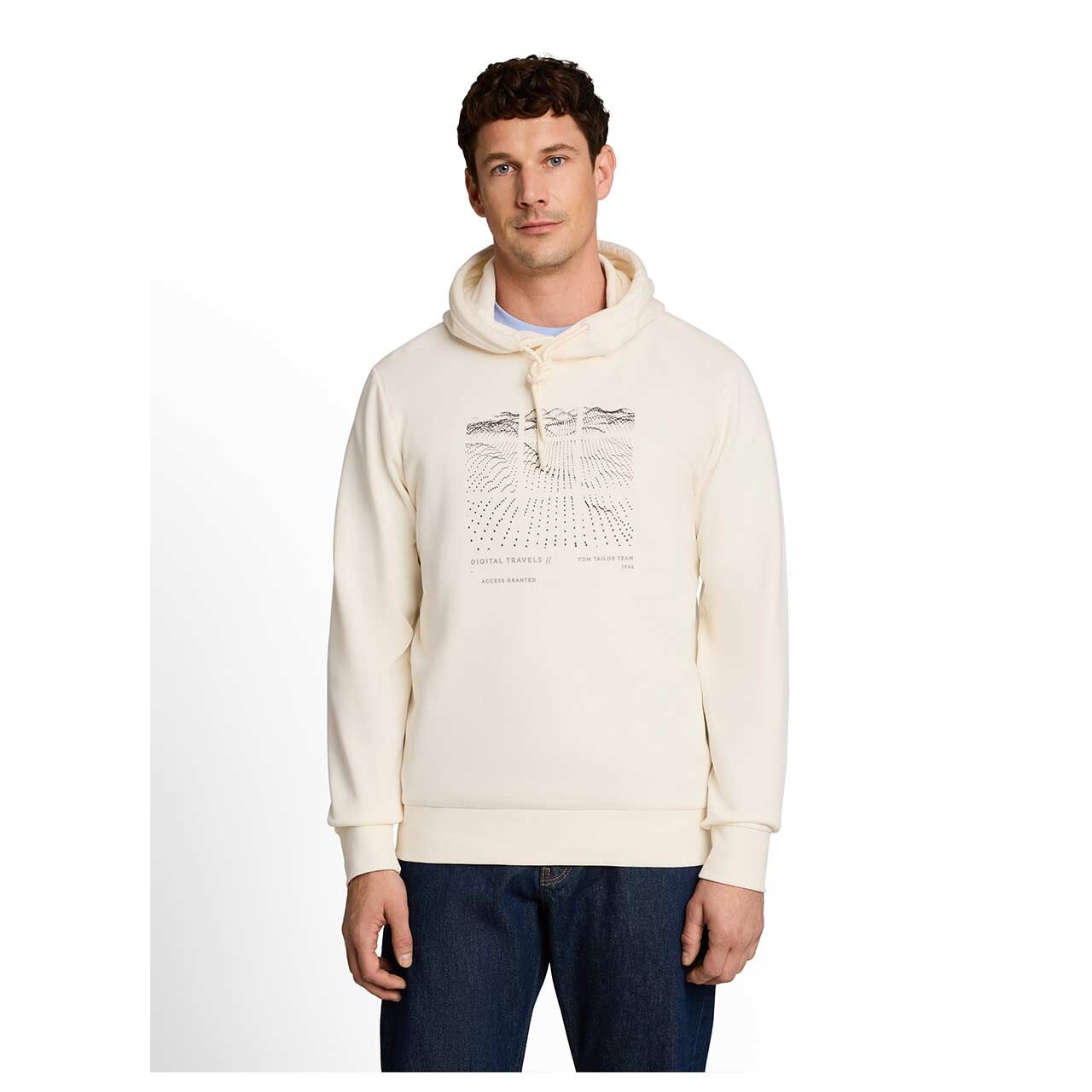 Herren Hoodie Sweatshirt von Tom Tailor in Cremeweiß mit Print, Vorderansicht am Model